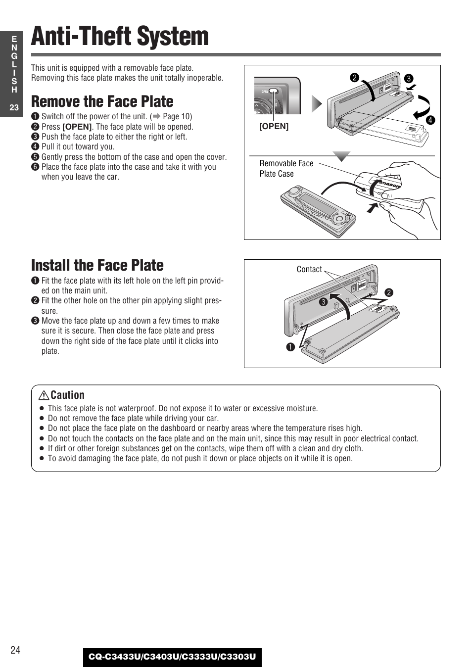 Anti-theft system, Remove the face plate, Install the face plate | Caution | Panasonic C3303U User Manual | Page 24 / 90