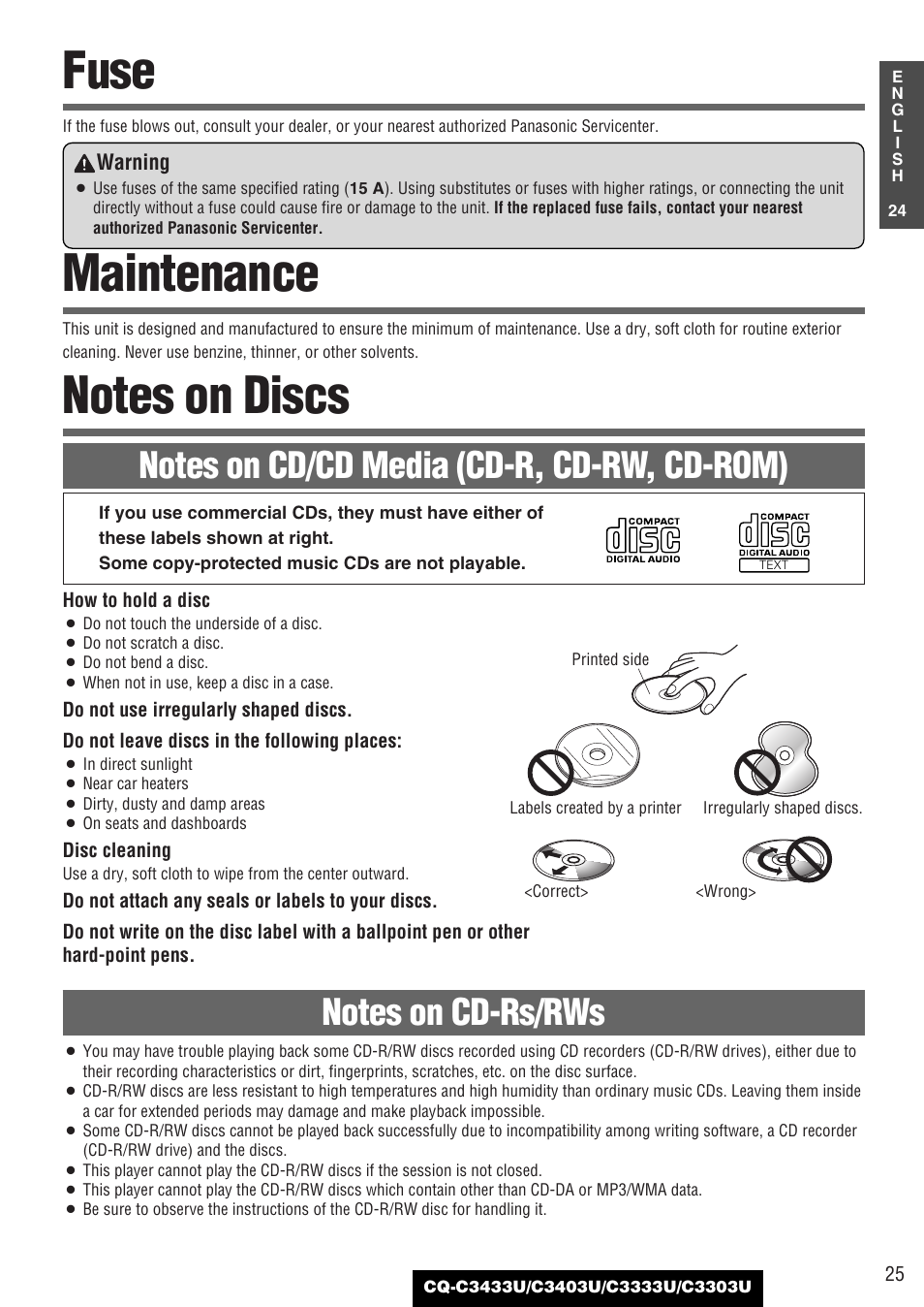 Fuse, Maintenance, Notes on discs | Panasonic C3303U User Manual | Page 25 / 90