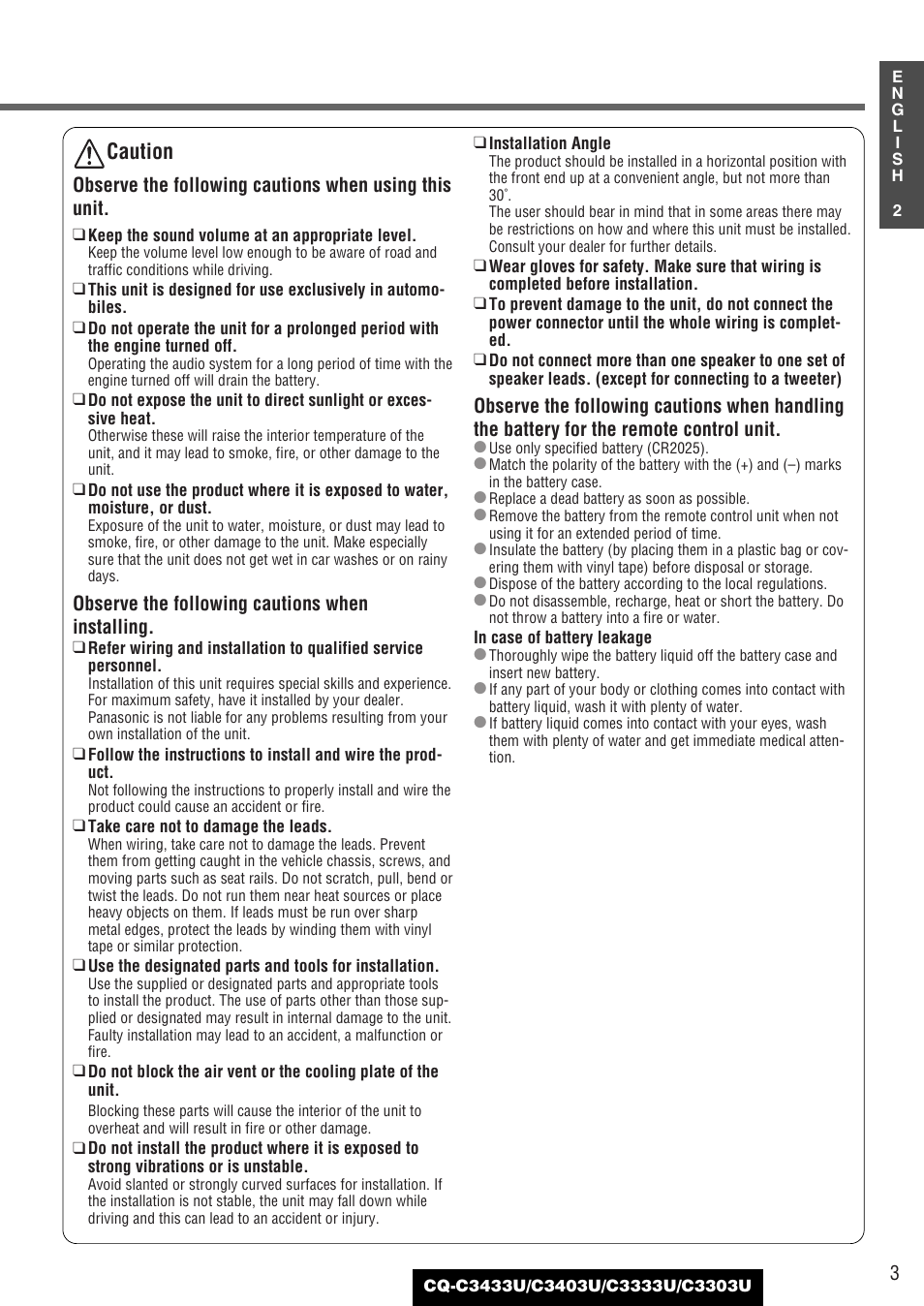 Caution | Panasonic C3303U User Manual | Page 3 / 90