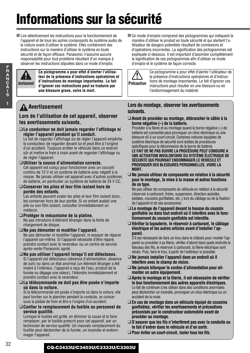 Generalites, Informations sur la securite, Informations sur la sécurité | Avertissement | Panasonic C3303U User Manual | Page 32 / 90