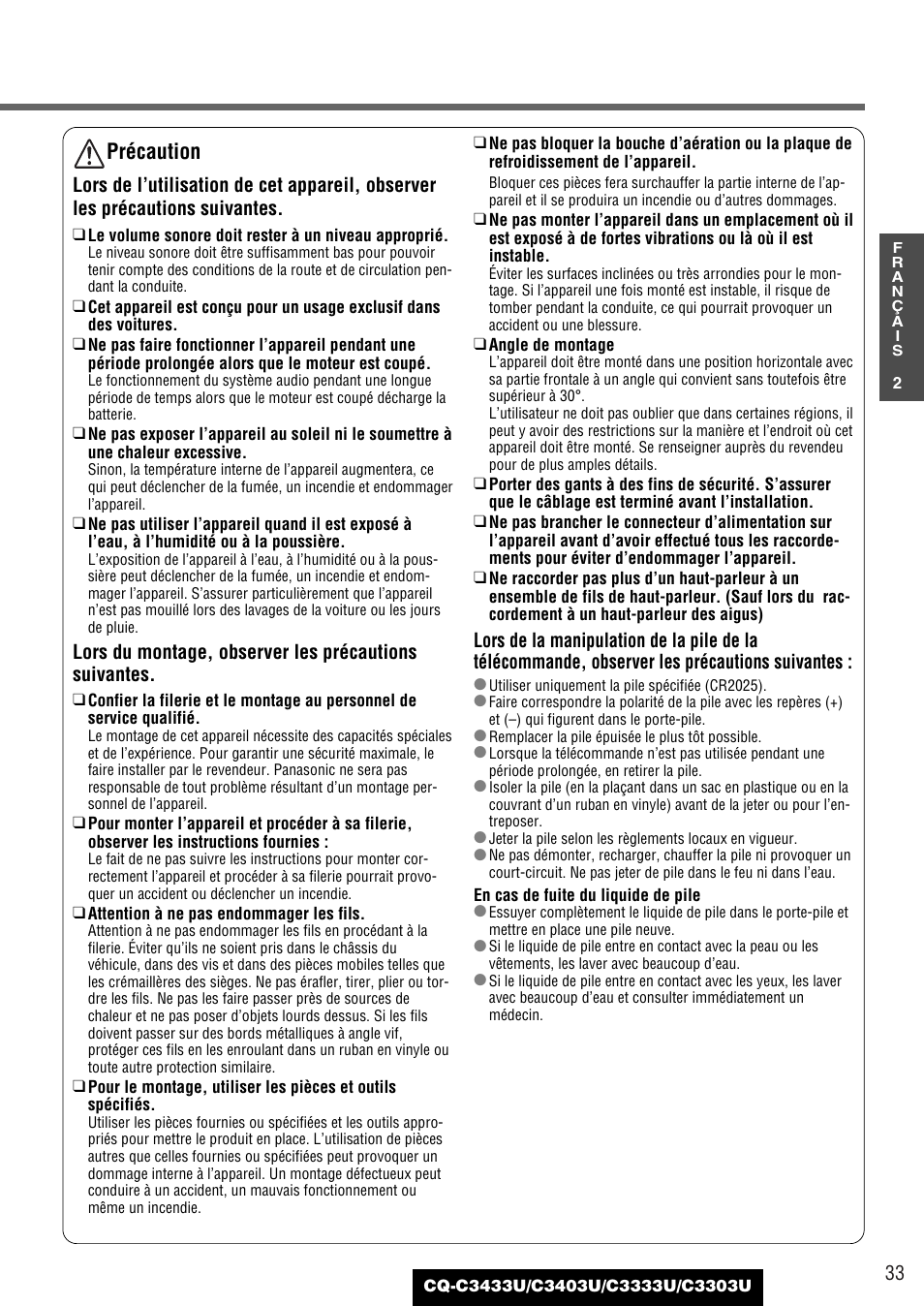 Précaution | Panasonic C3303U User Manual | Page 33 / 90