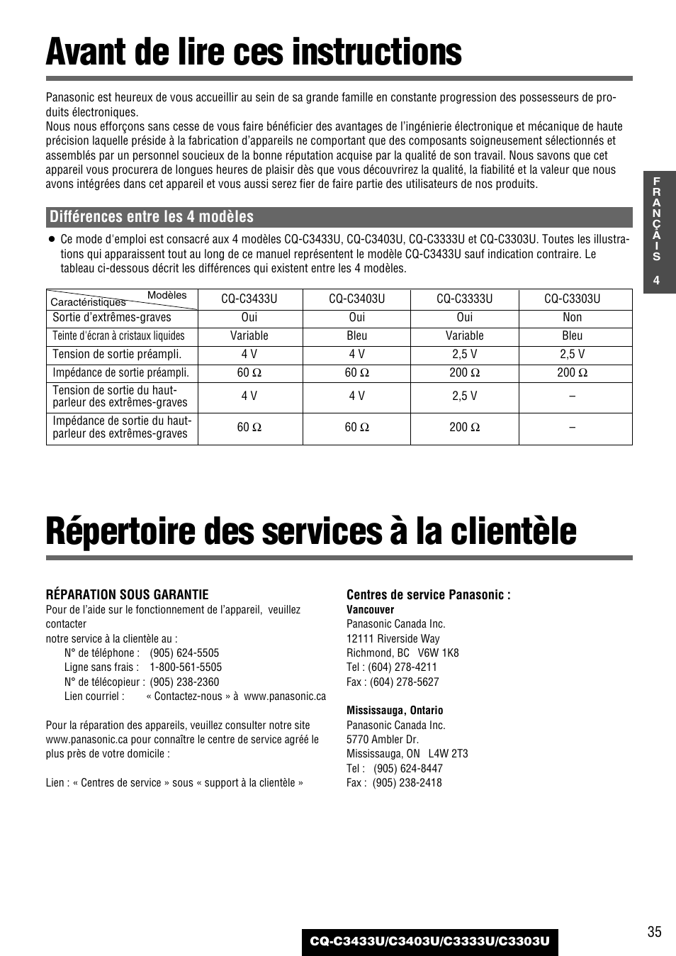 Avant de lire ces instructions, Repertoire des services a la clientele, Répertoire des services à la clientèle | Différences entre les 4 modèles | Panasonic C3303U User Manual | Page 35 / 90