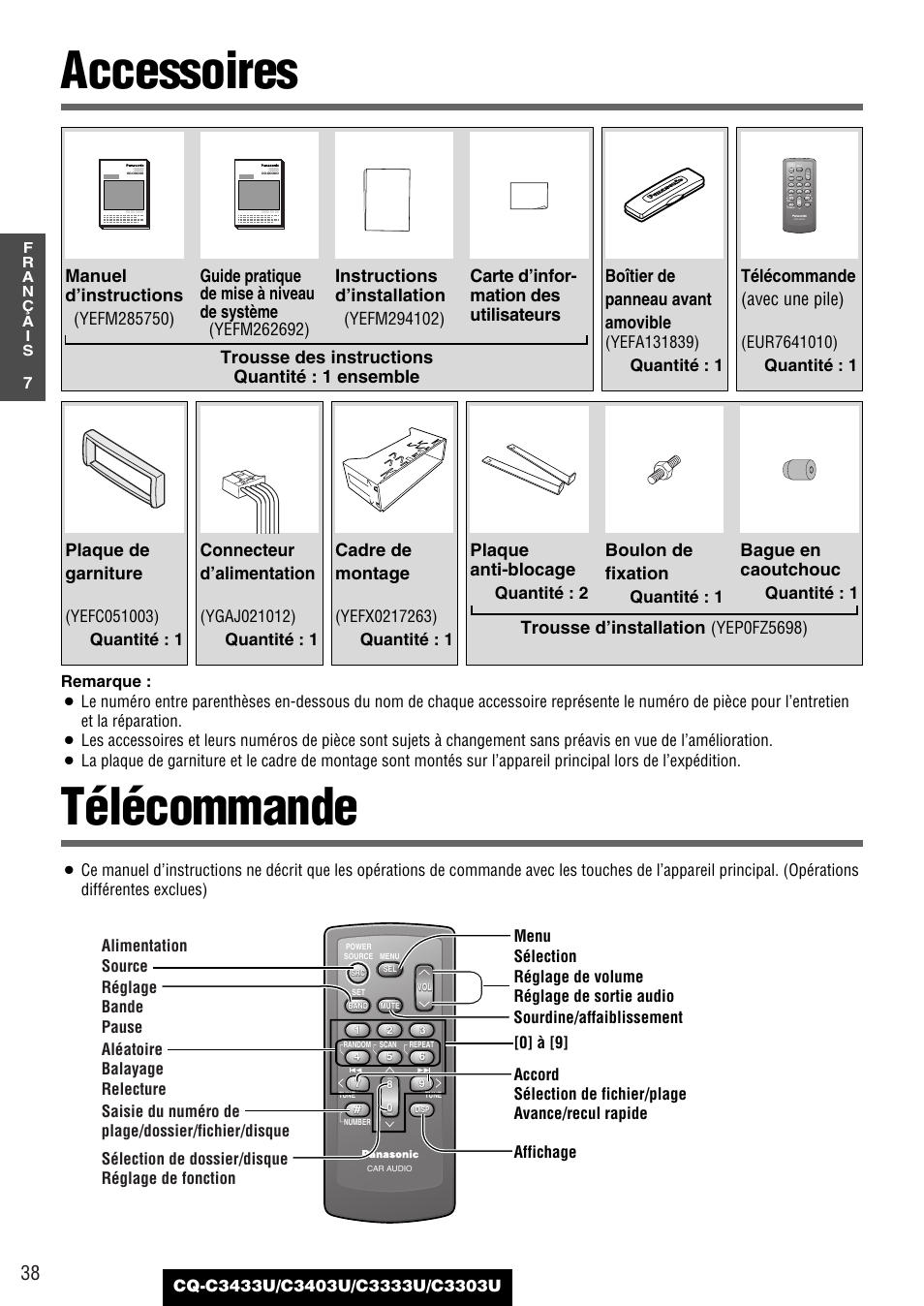 Accessoires, Telecommande, Accessoires télécommande | Instructions d’installation, Plaque anti-blocage, Boulon de fixation, Bague en caoutchouc, Cadre de montage, Guide pratique de mise à niveau de système, Manuel d’instructions | Panasonic C3303U User Manual | Page 38 / 90