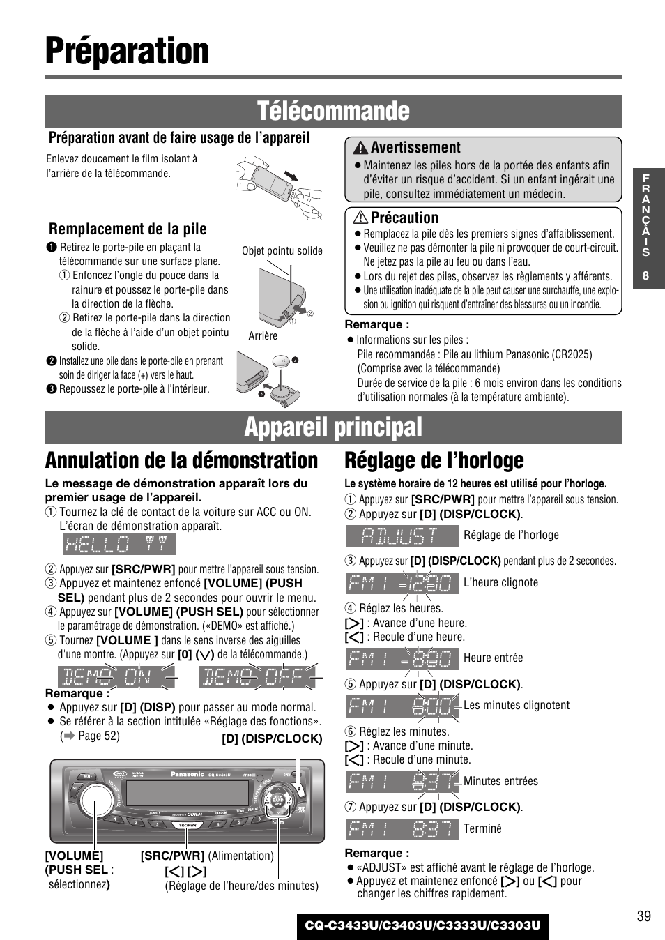 Preparation, Préparation, Télécommande appareil principal | Avertissement, Précaution, Préparation avant de faire usage de l’appareil, Remplacement de la pile | Panasonic C3303U User Manual | Page 39 / 90