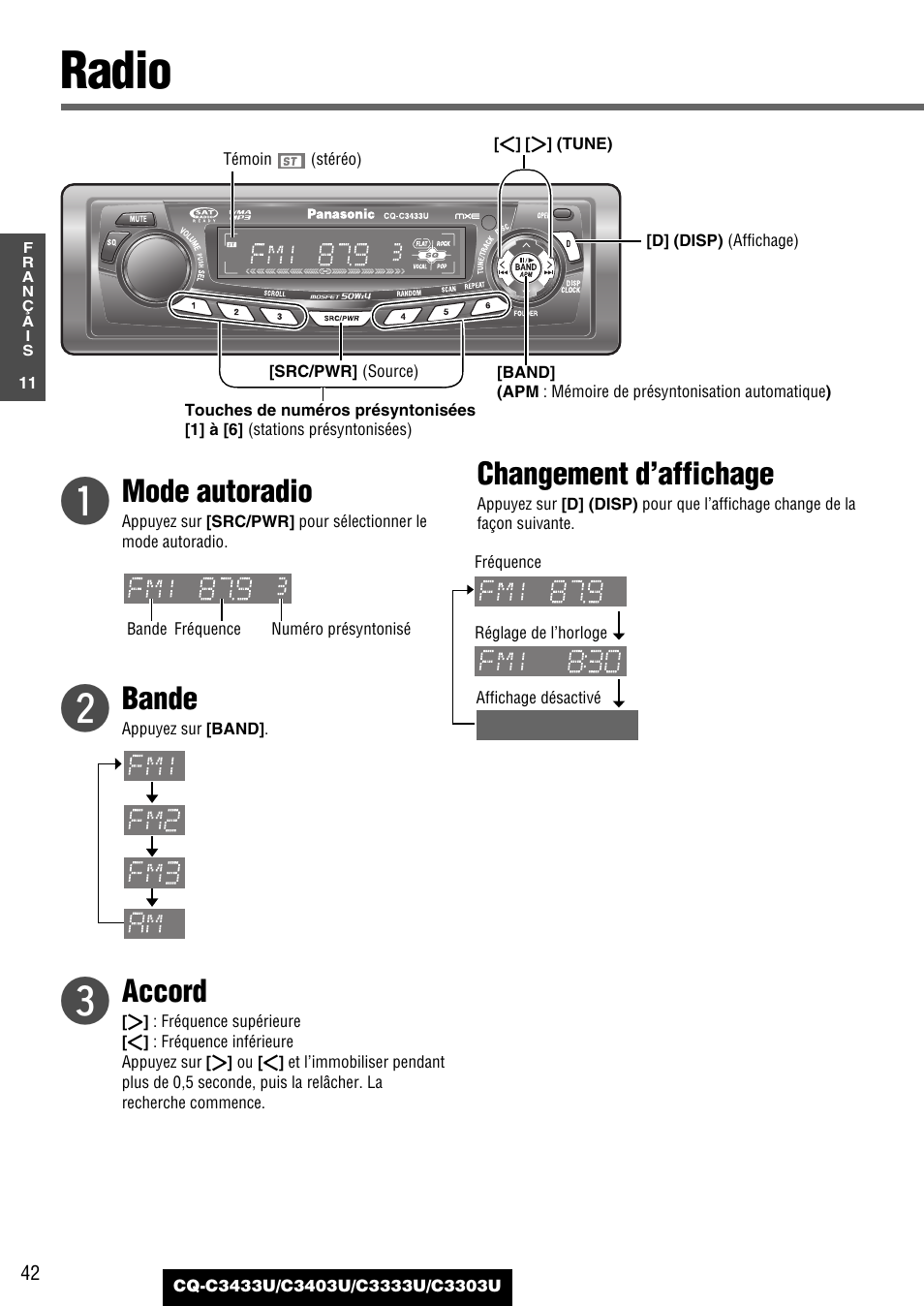 Chaque source, Radio, Mode autoradio | Bande, Accord, Changement d’affichage | Panasonic C3303U User Manual | Page 42 / 90