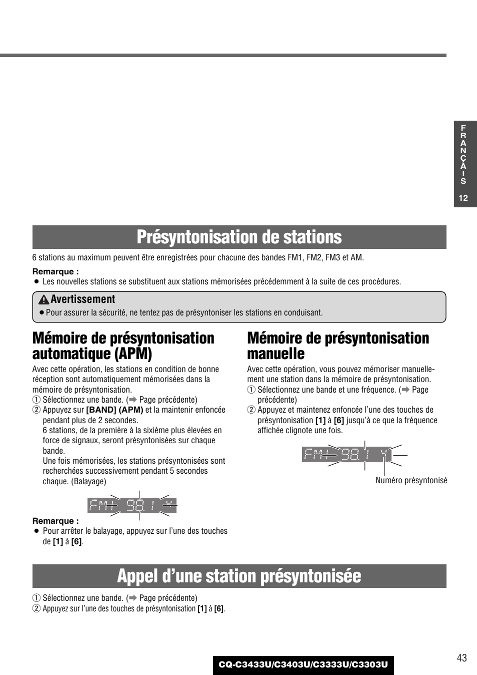 Présyntonisation de stations, Appel d’une station présyntonisée, Mémoire de présyntonisation automatique (apm) | Mémoire de présyntonisation manuelle | Panasonic C3303U User Manual | Page 43 / 90