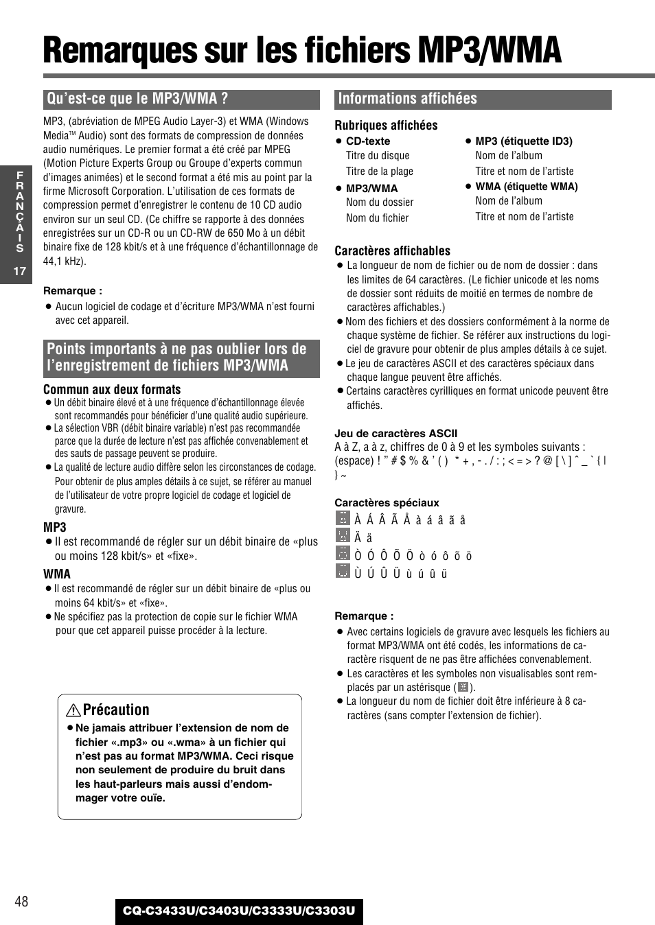 Remarques sur les fichiers mp3/wma, Qu’est-ce que le mp3/wma, Informations affichées | Précaution | Panasonic C3303U User Manual | Page 48 / 90