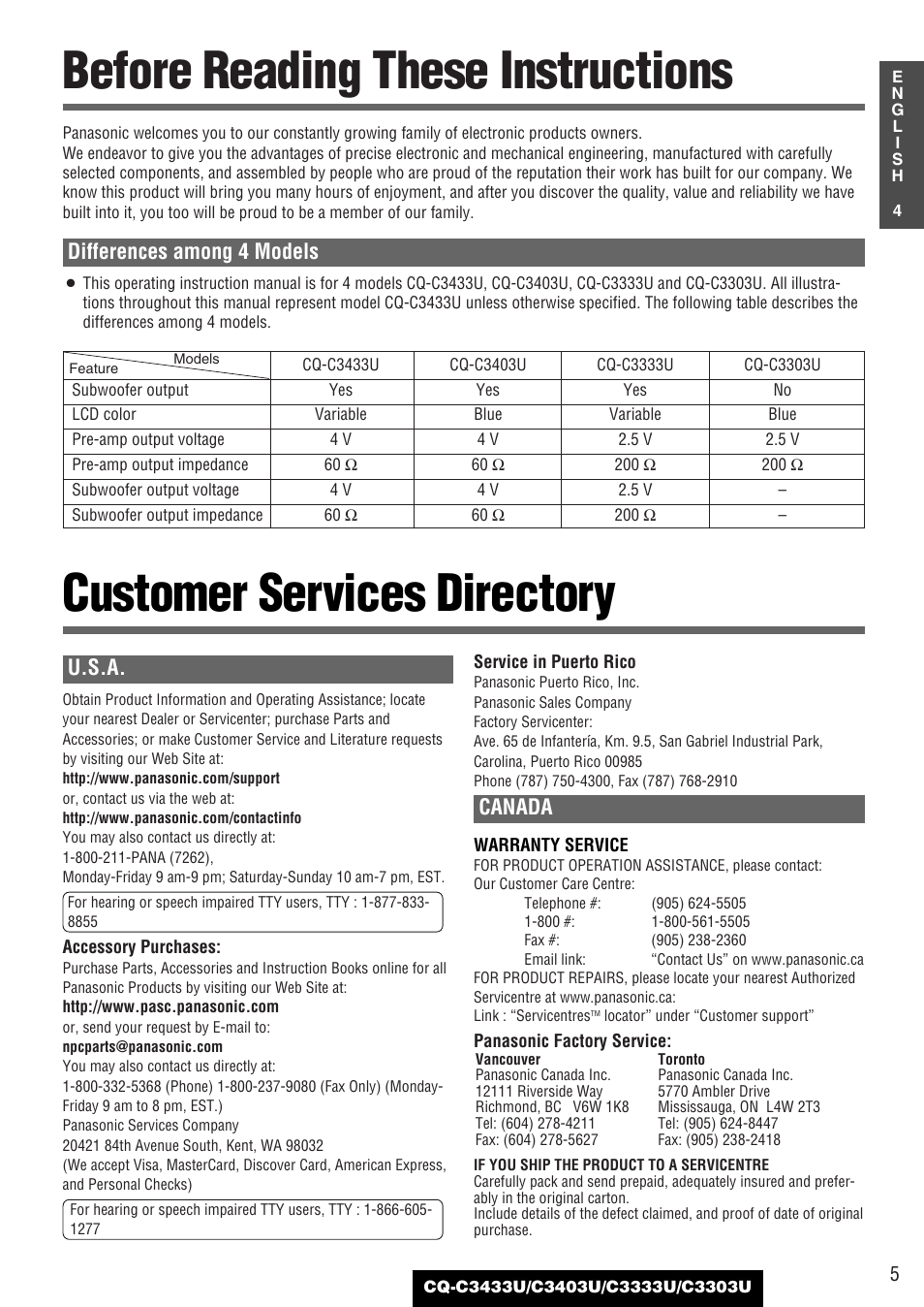 Before reading these instructions, Customer services directory, U.s.a | Canada, Differences among 4 models | Panasonic C3303U User Manual | Page 5 / 90