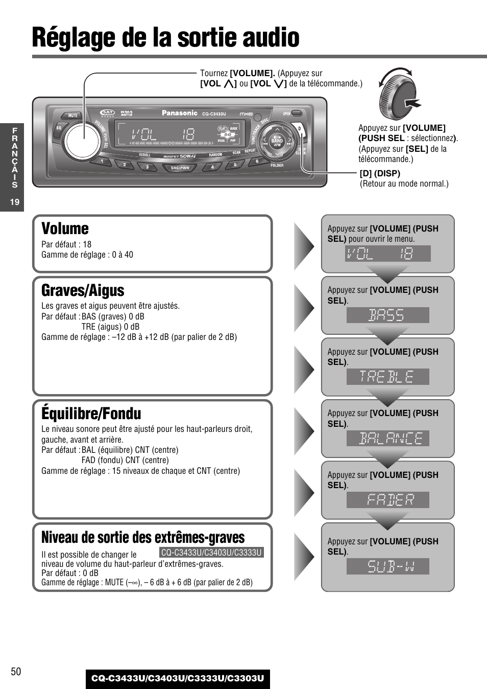 Comme necessaire, Reglage de la sortie audio, Réglage de la sortie audio | Équilibre/fondu, Graves/aigus, Volume, Niveau de sortie des extrêmes-graves | Panasonic C3303U User Manual | Page 50 / 90