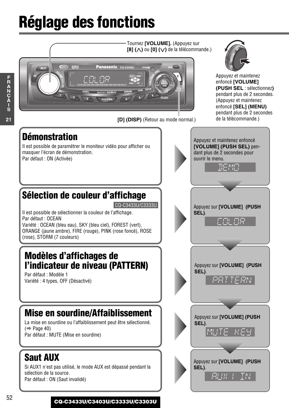 Reglage des fonctions, Réglage des fonctions, Mise en sourdine/affaiblissement | Démonstration, Saut aux, Sélection de couleur d’affichage | Panasonic C3303U User Manual | Page 52 / 90