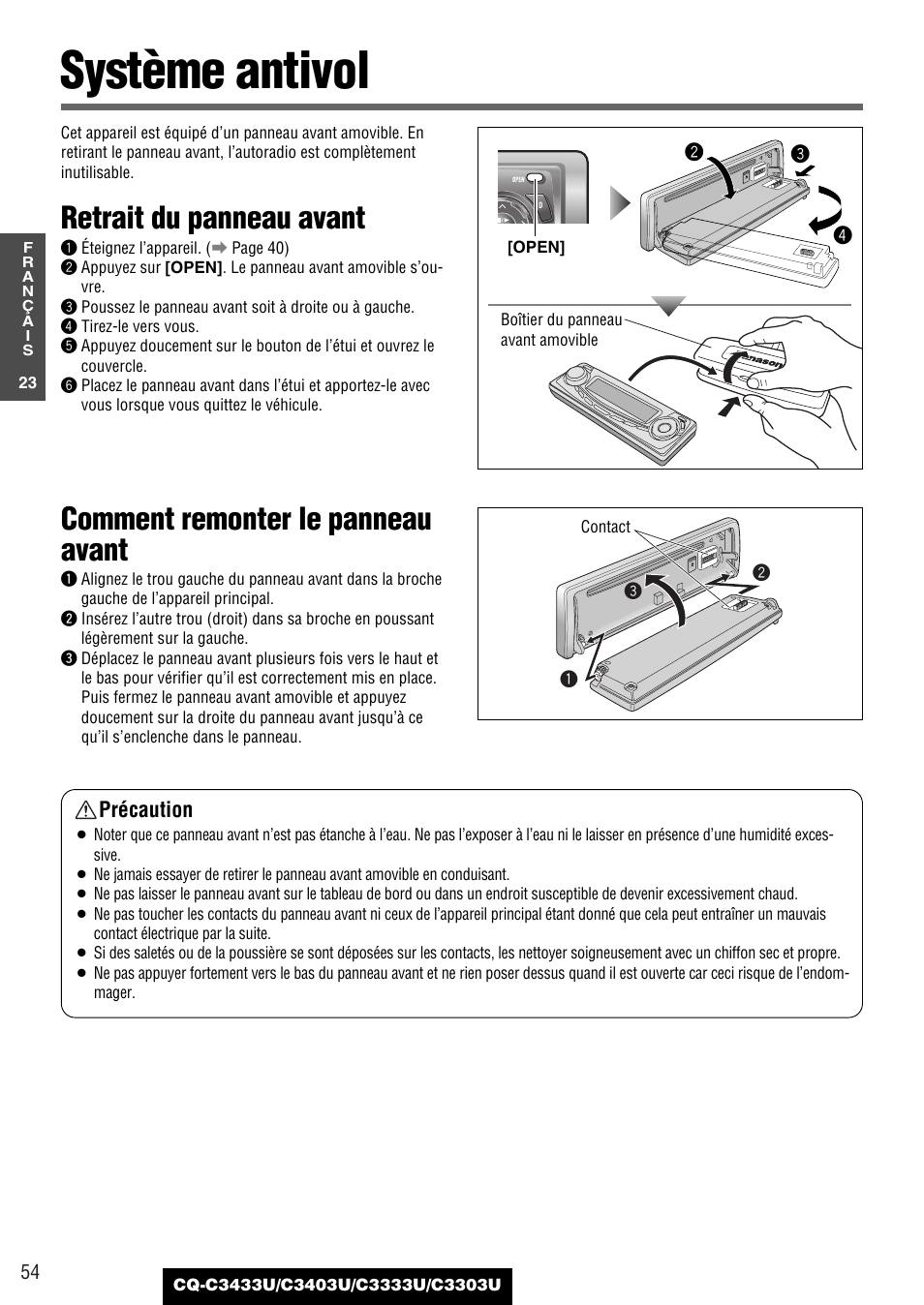 Systeme antivol, Système antivol, Retrait du panneau avant | Comment remonter le panneau avant, Précaution | Panasonic C3303U User Manual | Page 54 / 90