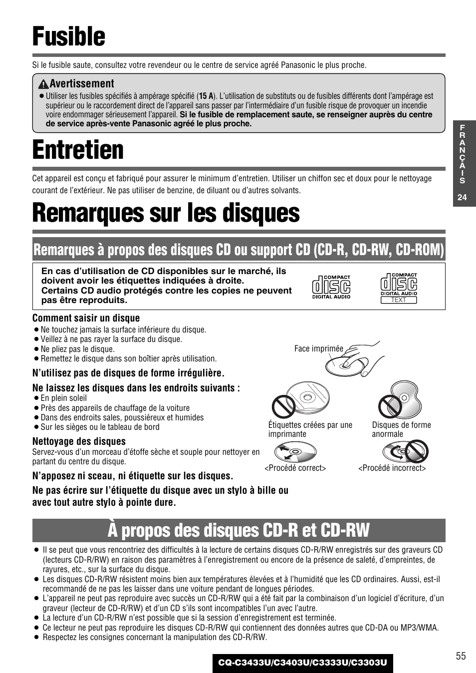 Fusible, Entretien, Remarques sur les disques | À propos des disques cd-r et cd-rw | Panasonic C3303U User Manual | Page 55 / 90