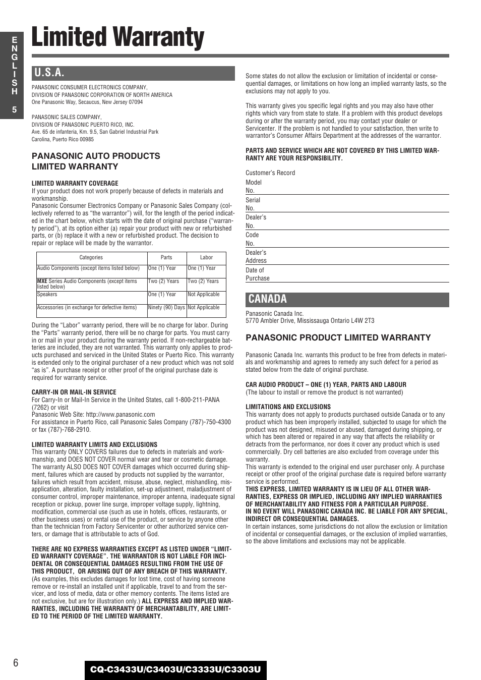 Limited warranty, U.s.a, Canada | Panasonic C3303U User Manual | Page 6 / 90