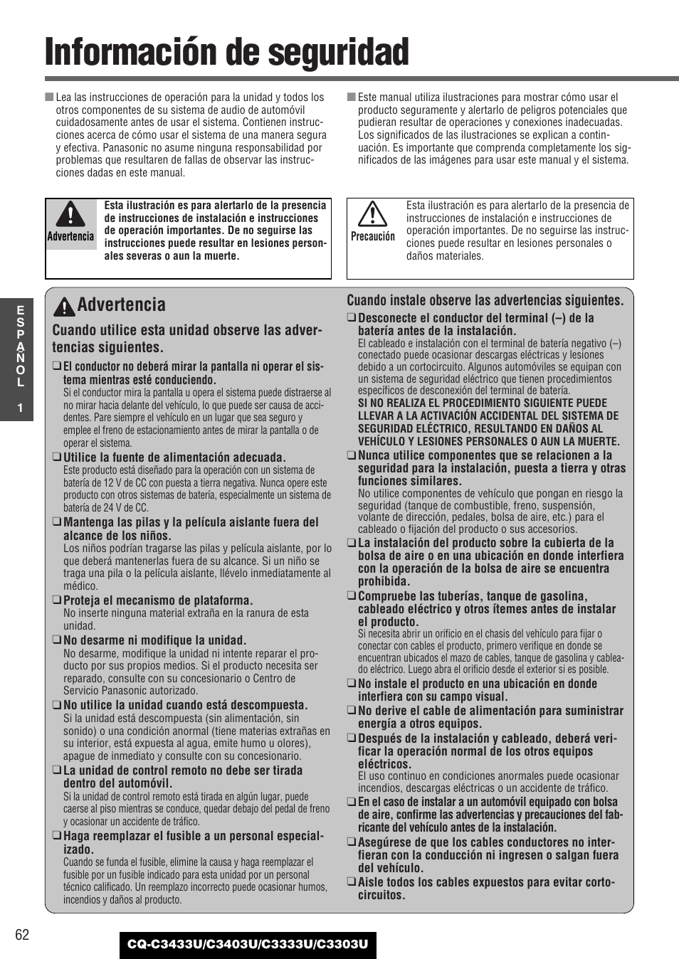 Comun, Informacion de seguridad, Información de seguridad | Advertencia | Panasonic C3303U User Manual | Page 62 / 90
