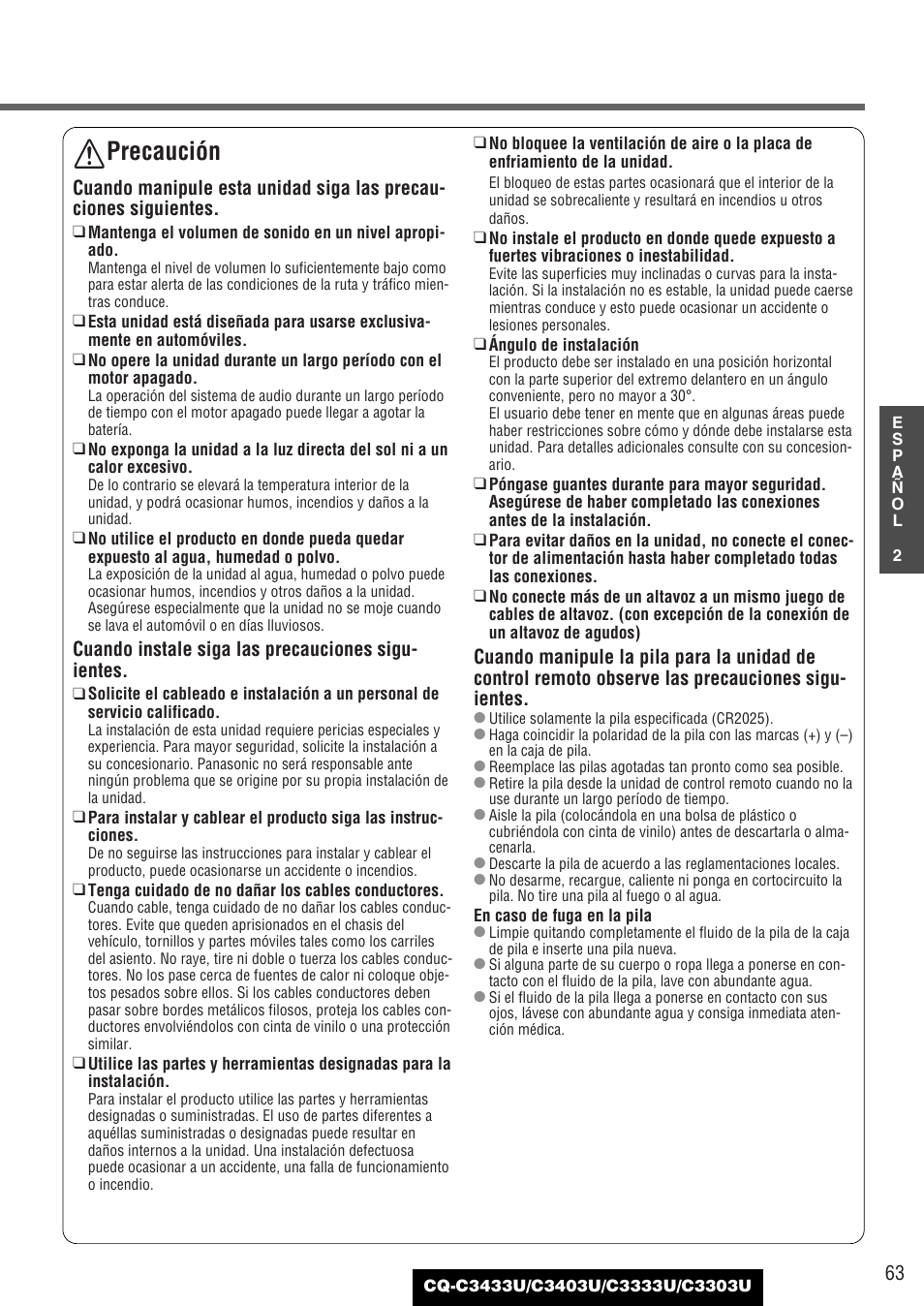 Precaución, Cuando instale siga las precauciones sigu- ientes | Panasonic C3303U User Manual | Page 63 / 90