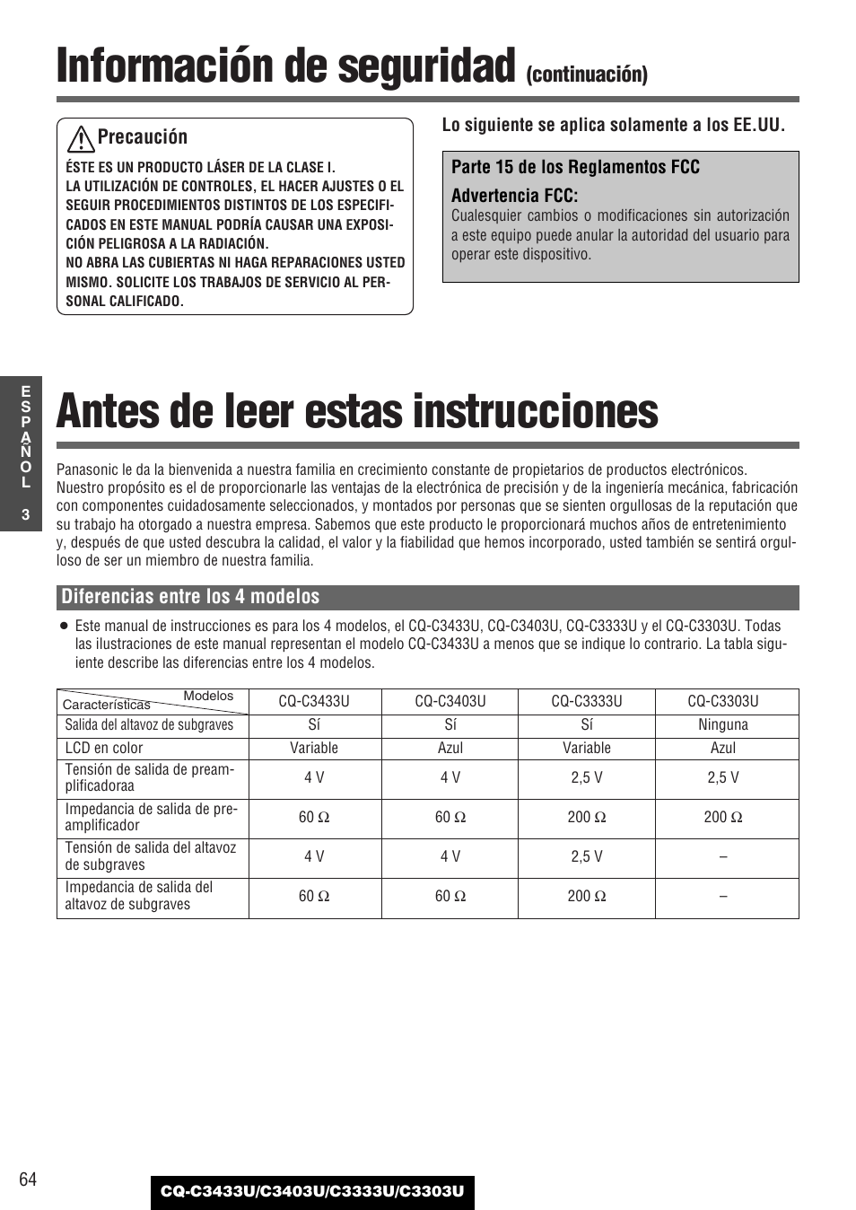 Antes de leer estas instrucciones, Información de seguridad, Continuación) | Diferencias entre los 4 modelos, Precaución | Panasonic C3303U User Manual | Page 64 / 90