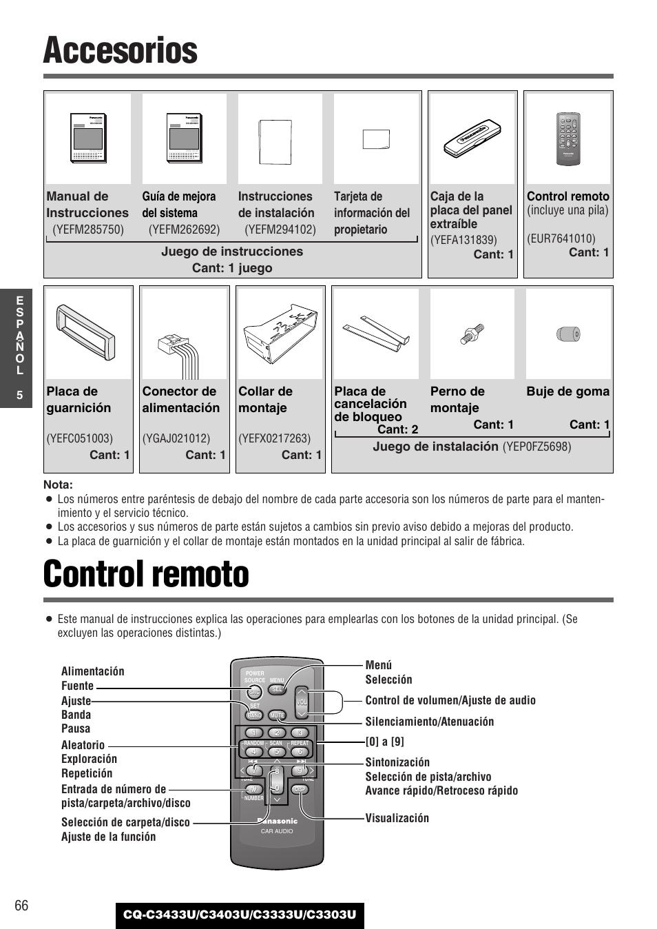 Accesorios, Control remoto, Accesorios control remoto | Instrucciones de instalación, Placa de cancelación de bloqueo, Perno de montaje, Buje de goma, Collar de montaje, Guía de mejora del sistema, Manual de instrucciones | Panasonic C3303U User Manual | Page 66 / 90