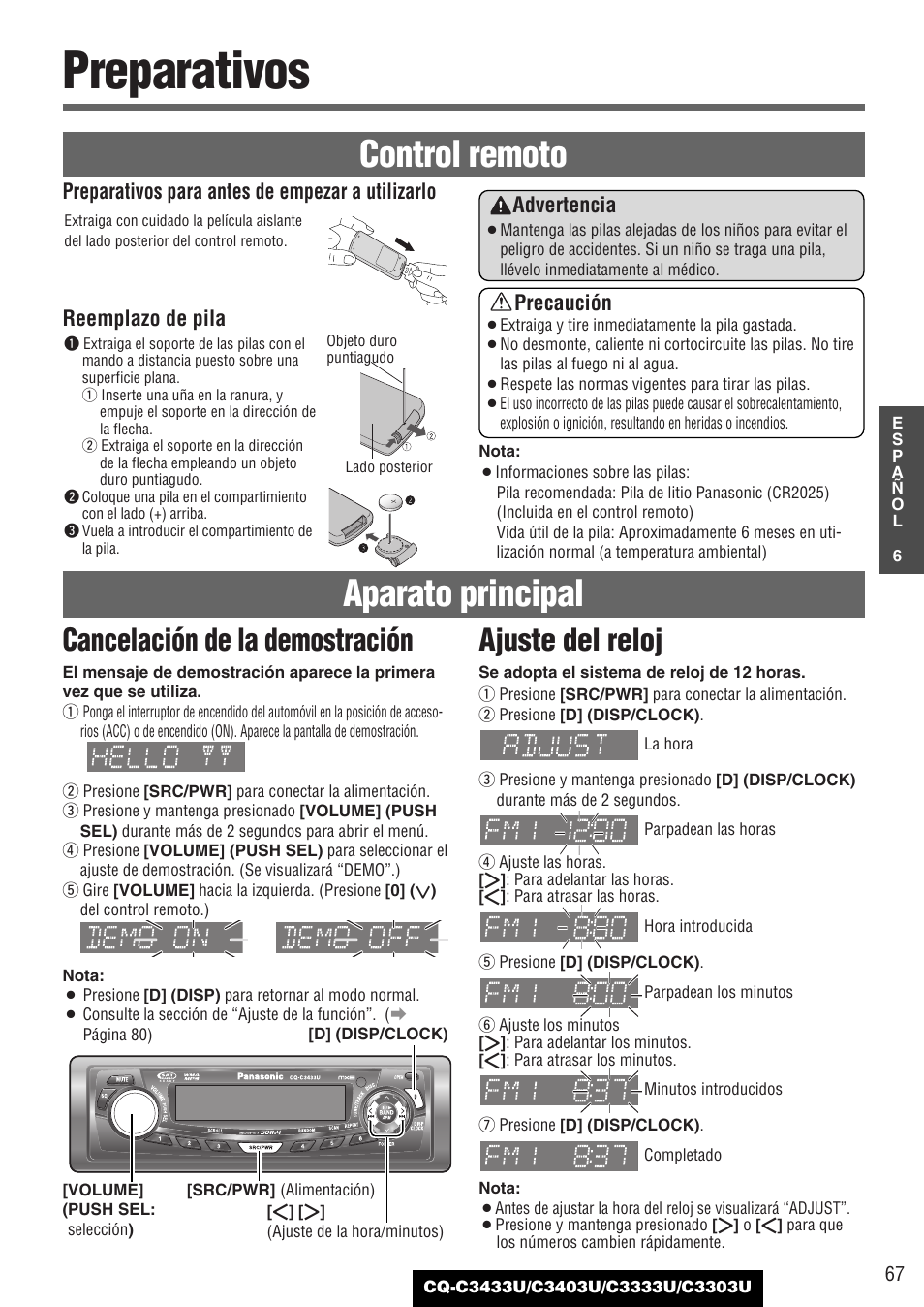 Preparativos, Control remoto aparato principal, Cancelación de la demostración ajuste del reloj | Advertencia, Precaución, Preparativos para antes de empezar a utilizarlo, Reemplazo de pila | Panasonic C3303U User Manual | Page 67 / 90