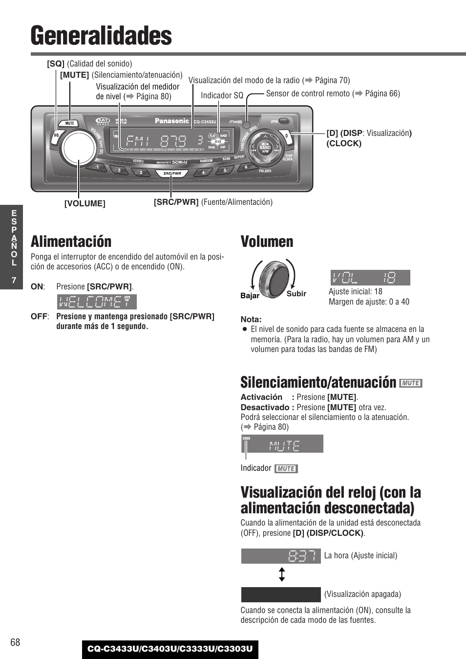 Generalidades, Alimentación, Volumen | Silenciamiento/atenuación | Panasonic C3303U User Manual | Page 68 / 90
