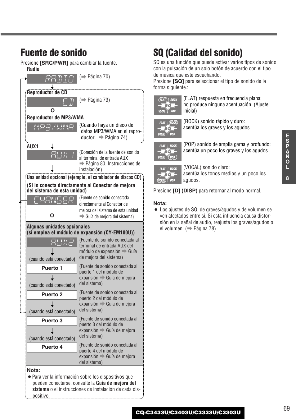 Sq (calidad del sonido), Fuente de sonido | Panasonic C3303U User Manual | Page 69 / 90