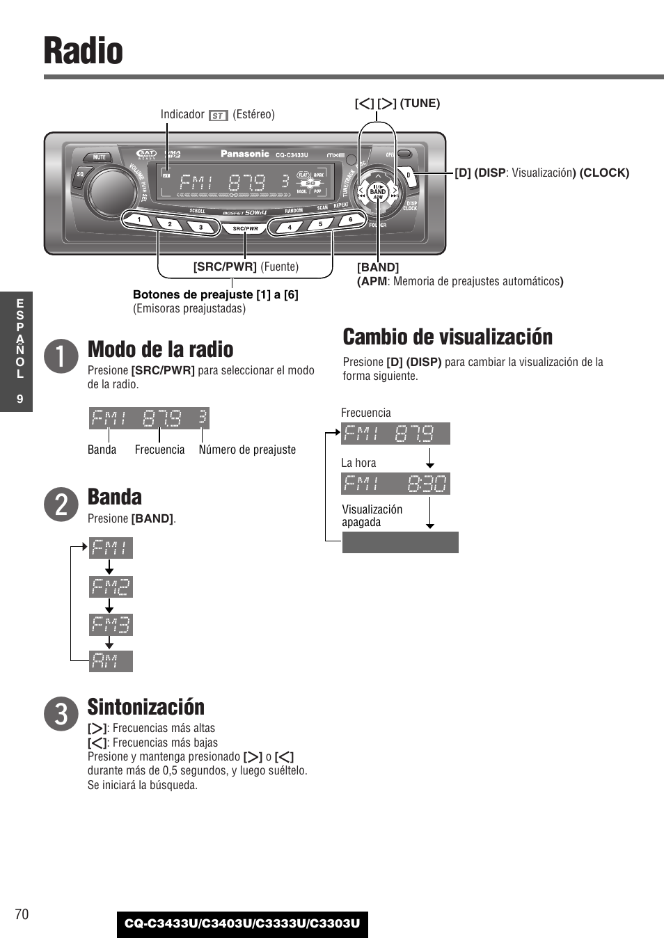 Cada fuente, Radio, Modo de la radio | Banda, Sintonización, Cambio de visualización | Panasonic C3303U User Manual | Page 70 / 90