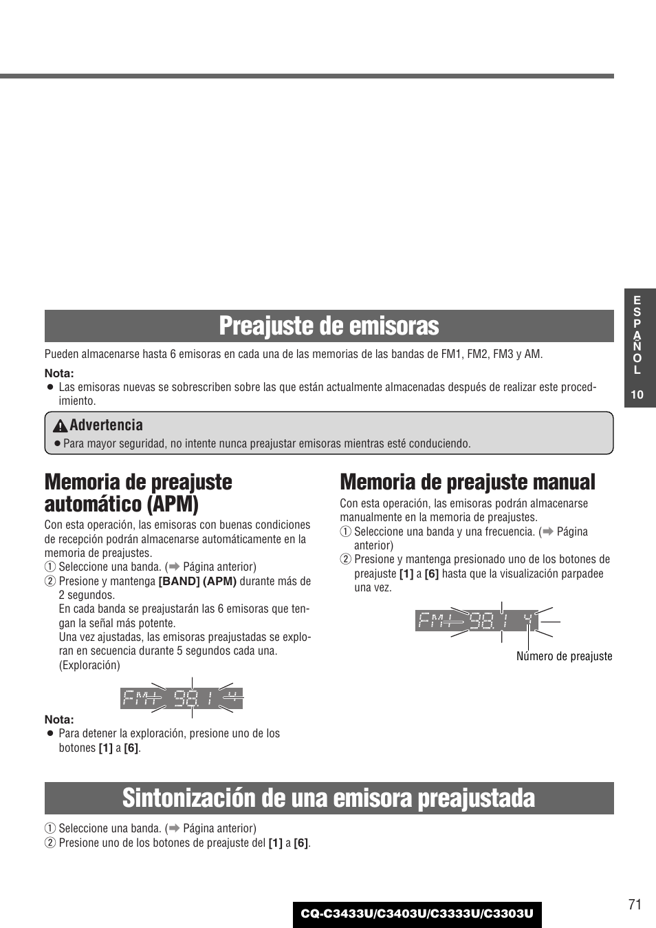 Preajuste de emisoras, Sintonización de una emisora preajustada | Panasonic C3303U User Manual | Page 71 / 90