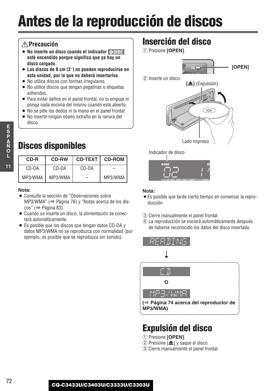 Antes de la reproduccion de discos, Antes de la reproducción de discos, Inserción del disco | Expulsión del disco, Discos disponibles, Precaución | Panasonic C3303U User Manual | Page 72 / 90
