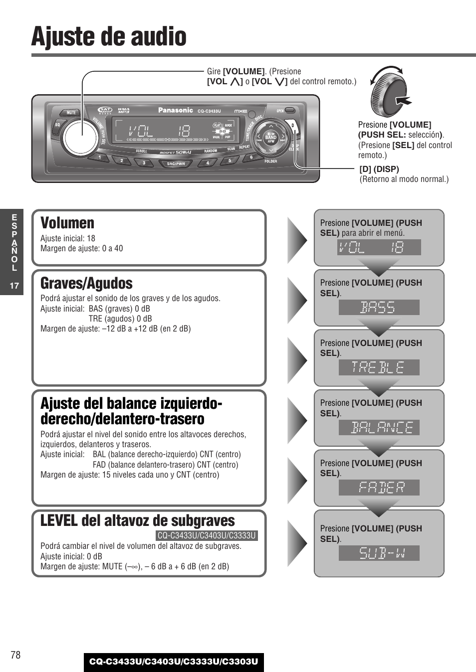 Como sea necesario, Ajuste de audio, Graves/agudos | Volumen, Level del altavoz de subgraves | Panasonic C3303U User Manual | Page 78 / 90