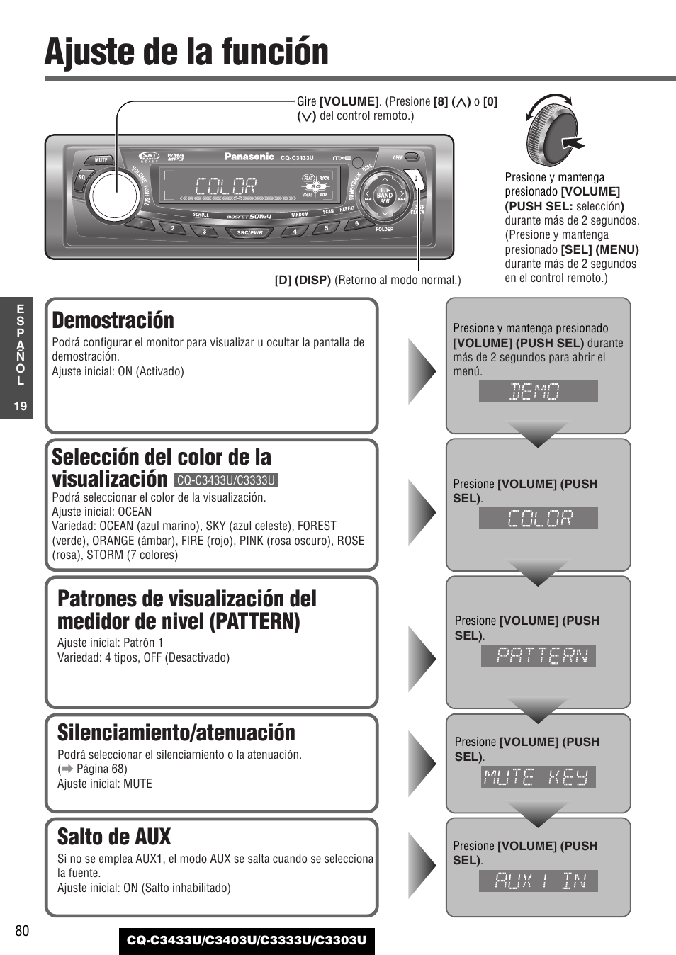 Ajuste de la funcion, Ajuste de la función, Silenciamiento/atenuación | Demostración, Salto de aux, Selección del color de la visualización | Panasonic C3303U User Manual | Page 80 / 90