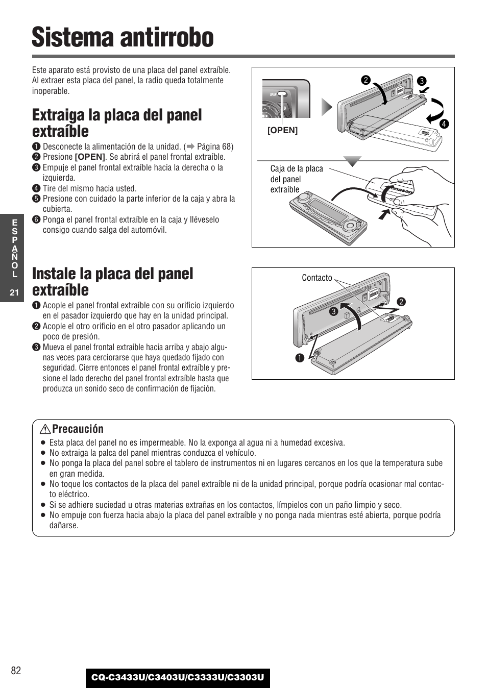 Sistema antirrobo, Extraiga la placa del panel extraíble, Instale la placa del panel extraíble | Precaución | Panasonic C3303U User Manual | Page 82 / 90
