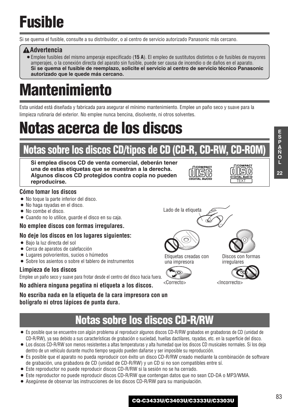 Fusible, Mantenimiento, Notas acerca de los discos | Panasonic C3303U User Manual | Page 83 / 90