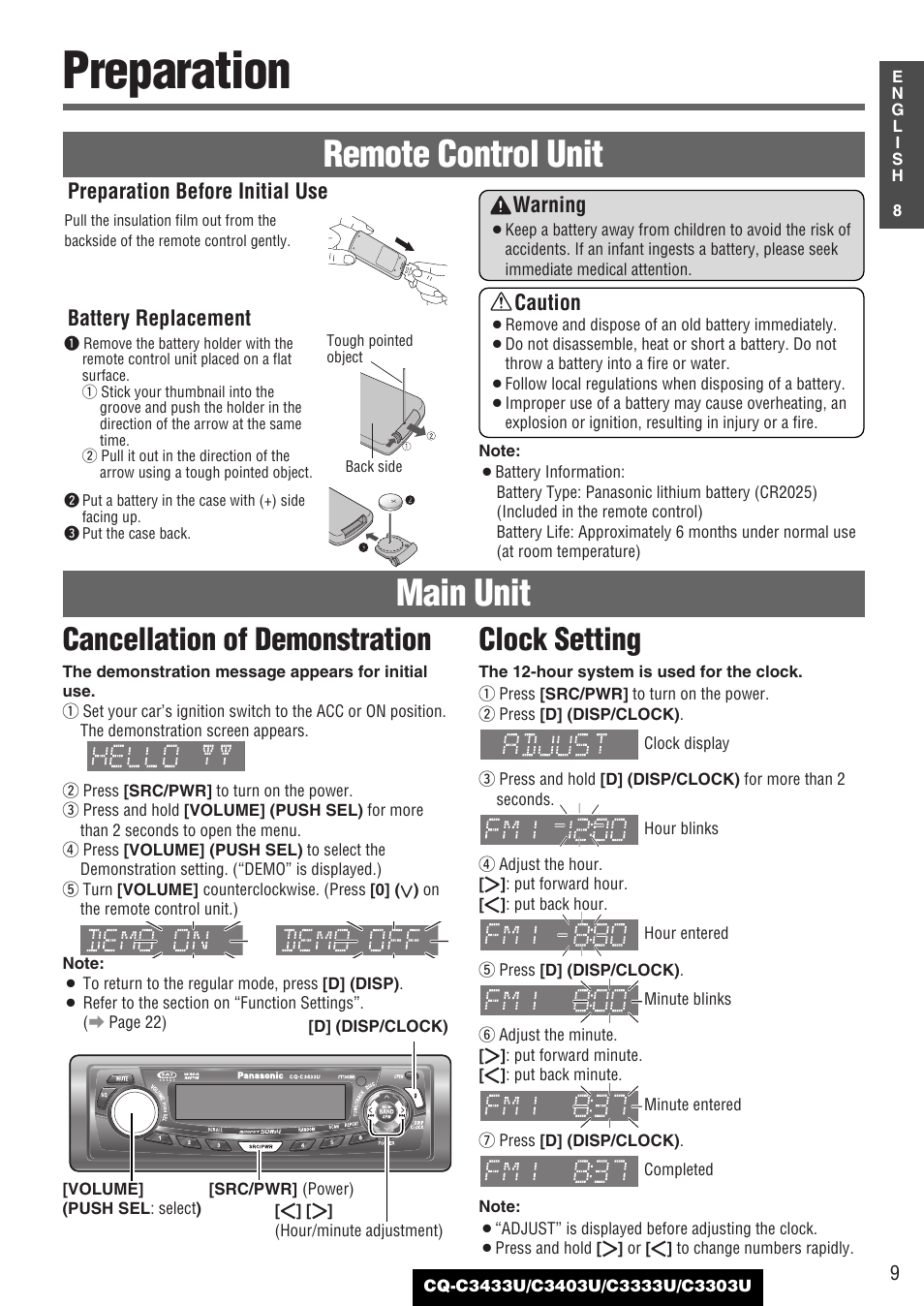 Preparation, Remote control unit main unit, Cancellation of demonstration clock setting | Warning, Caution, Preparation before initial use, Battery replacement | Panasonic C3303U User Manual | Page 9 / 90