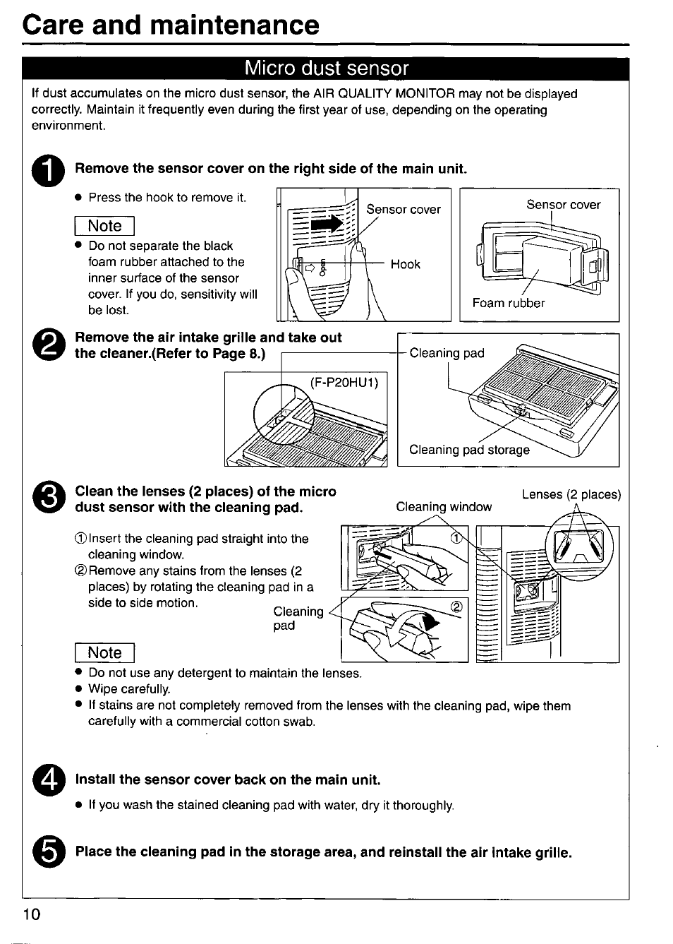 Micro dust sensor, O install the sensor cover back on the main unit, Care and maintenance | Panasonic F-P15HU2 User Manual | Page 10 / 12