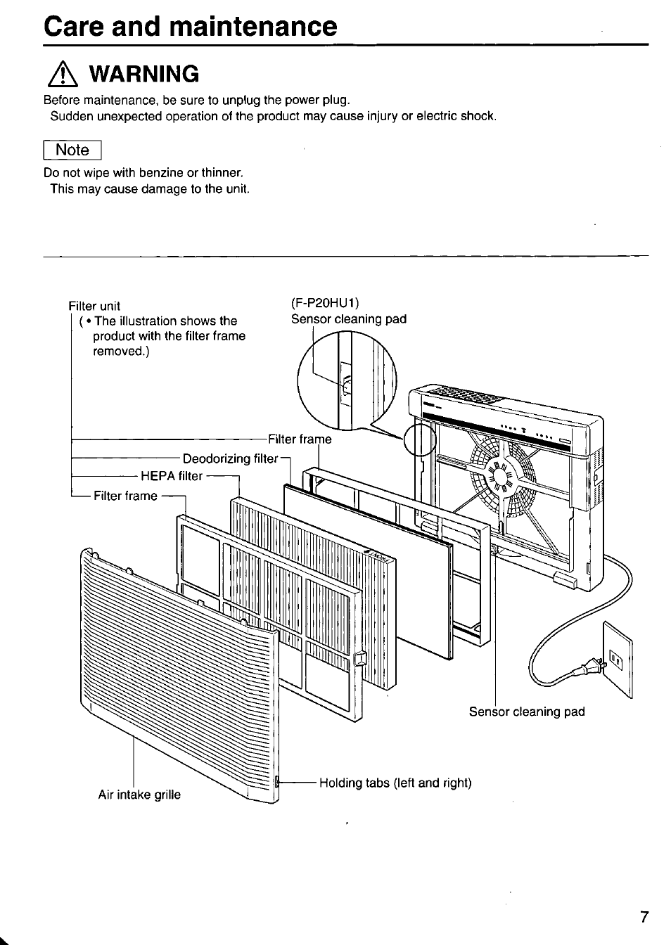 Care and maintenance, A warning | Panasonic F-P15HU2 User Manual | Page 7 / 12