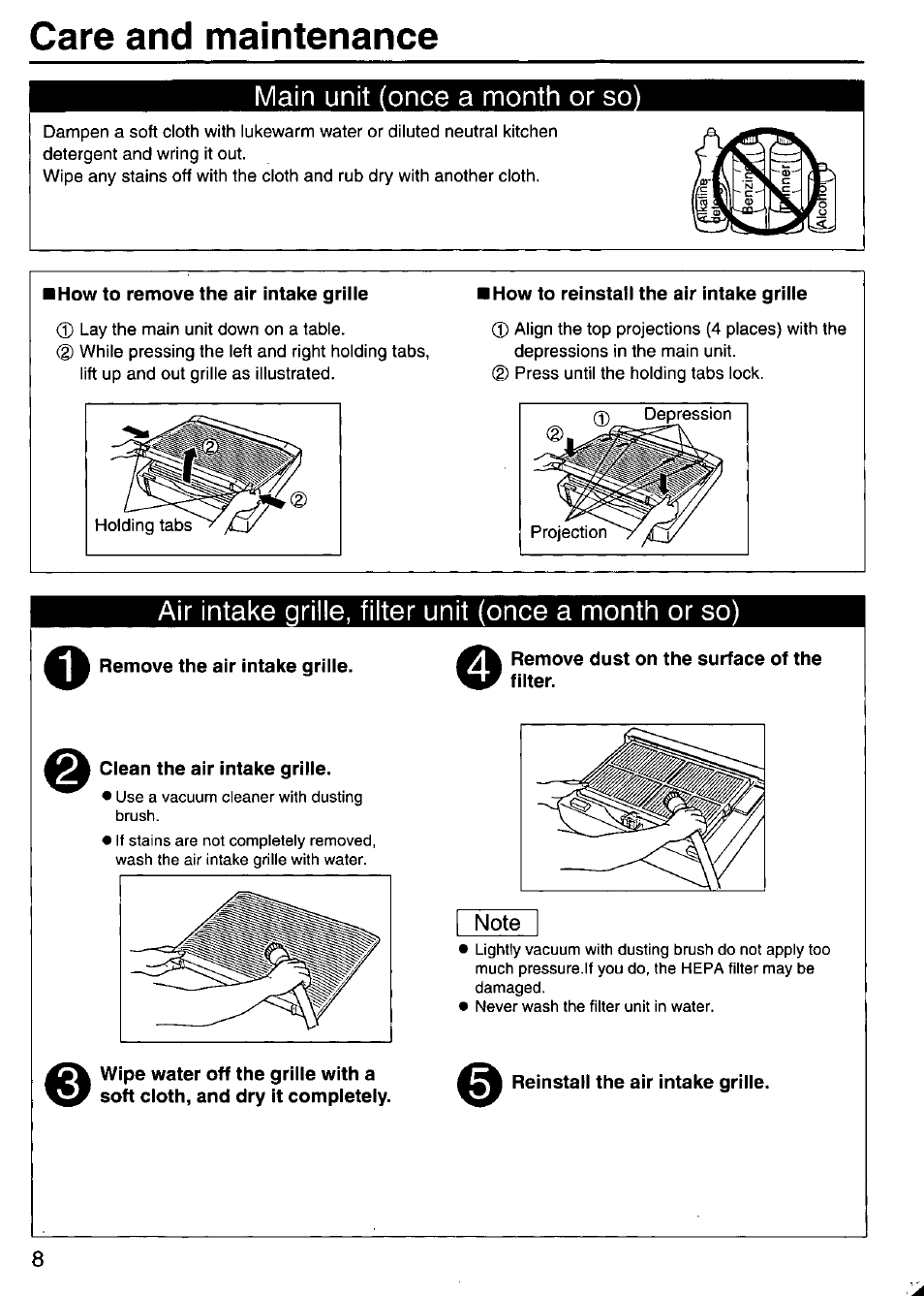 Main unit (once a month or so, I how to remove the air intake grille, I how to reinstall the air intake grille | Remove the air intake grille, Remove dust on the surface of the filter, Clean the air intake grille, Reinstall the air intake grille, Care and maintenance | Panasonic F-P15HU2 User Manual | Page 8 / 12