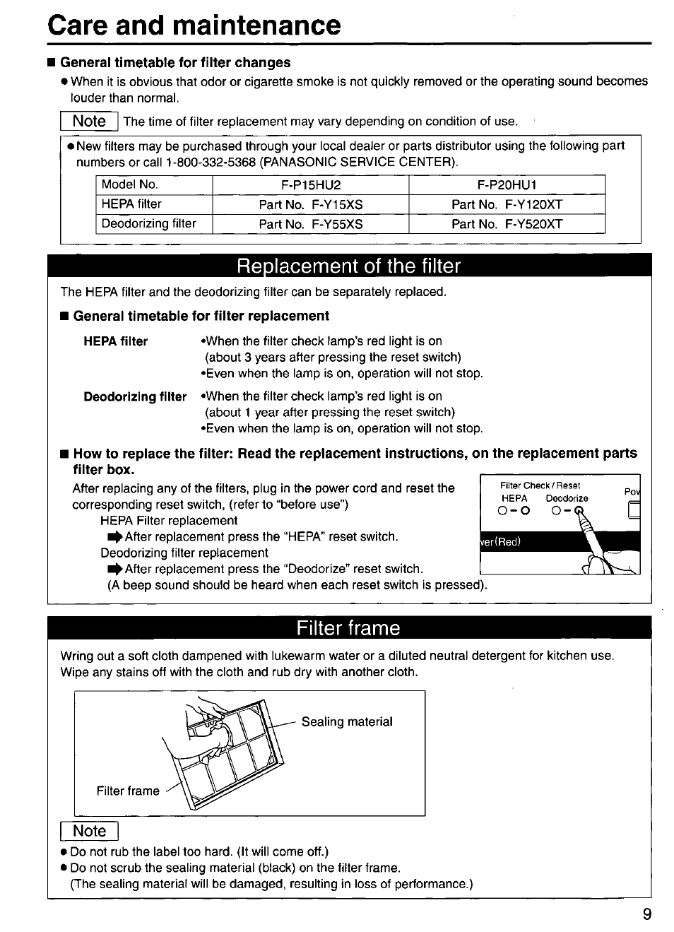 General timetable for filter changes, Redlacement of the filter, General timetable for filter replacement | Parts, Filter frame, Replacement of the filter, Care and maintenance | Panasonic F-P15HU2 User Manual | Page 9 / 12