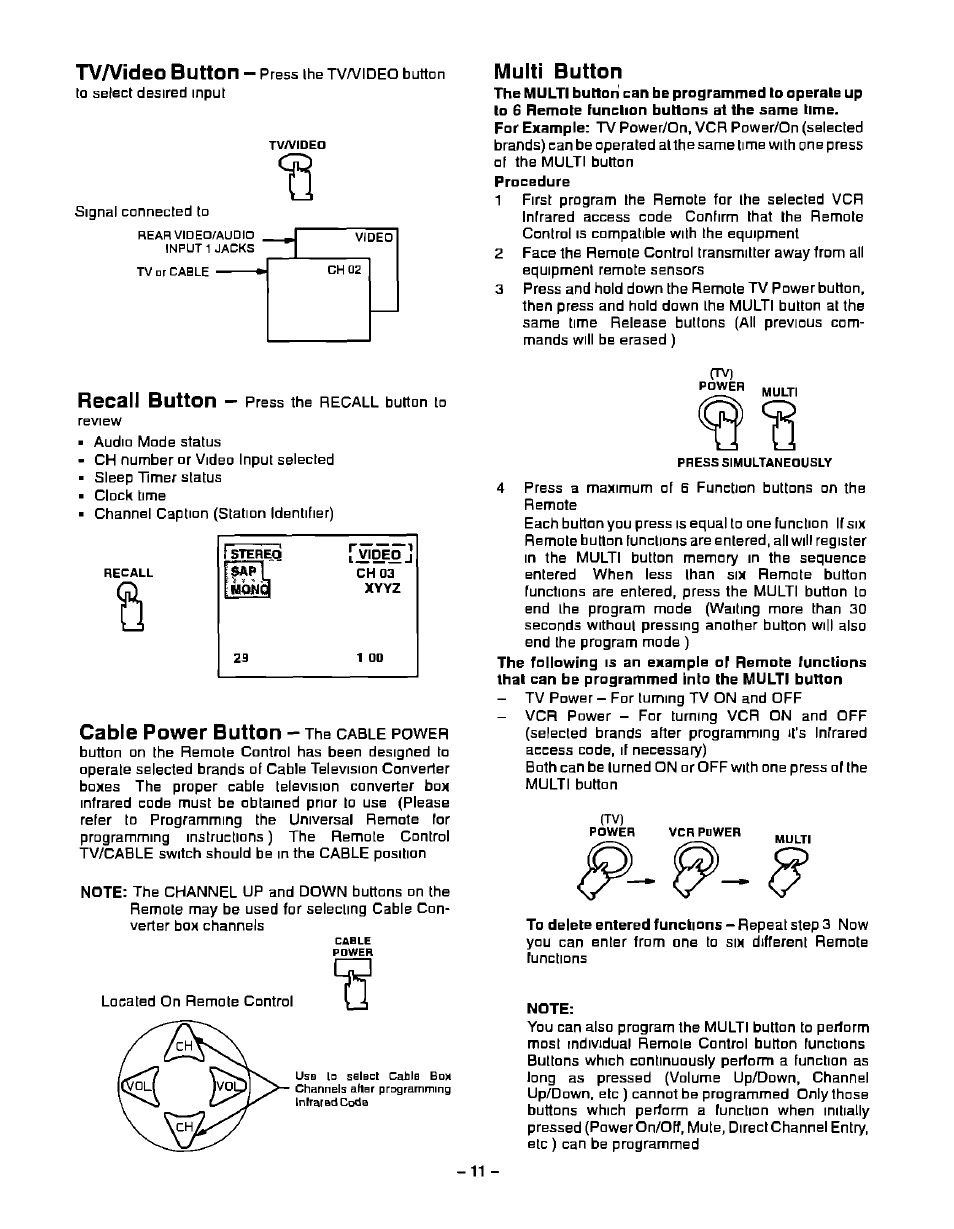 Tv/video button, Multi button, Recall button | Cable power button | Panasonic CT-20G21 User Manual | Page 11 / 24