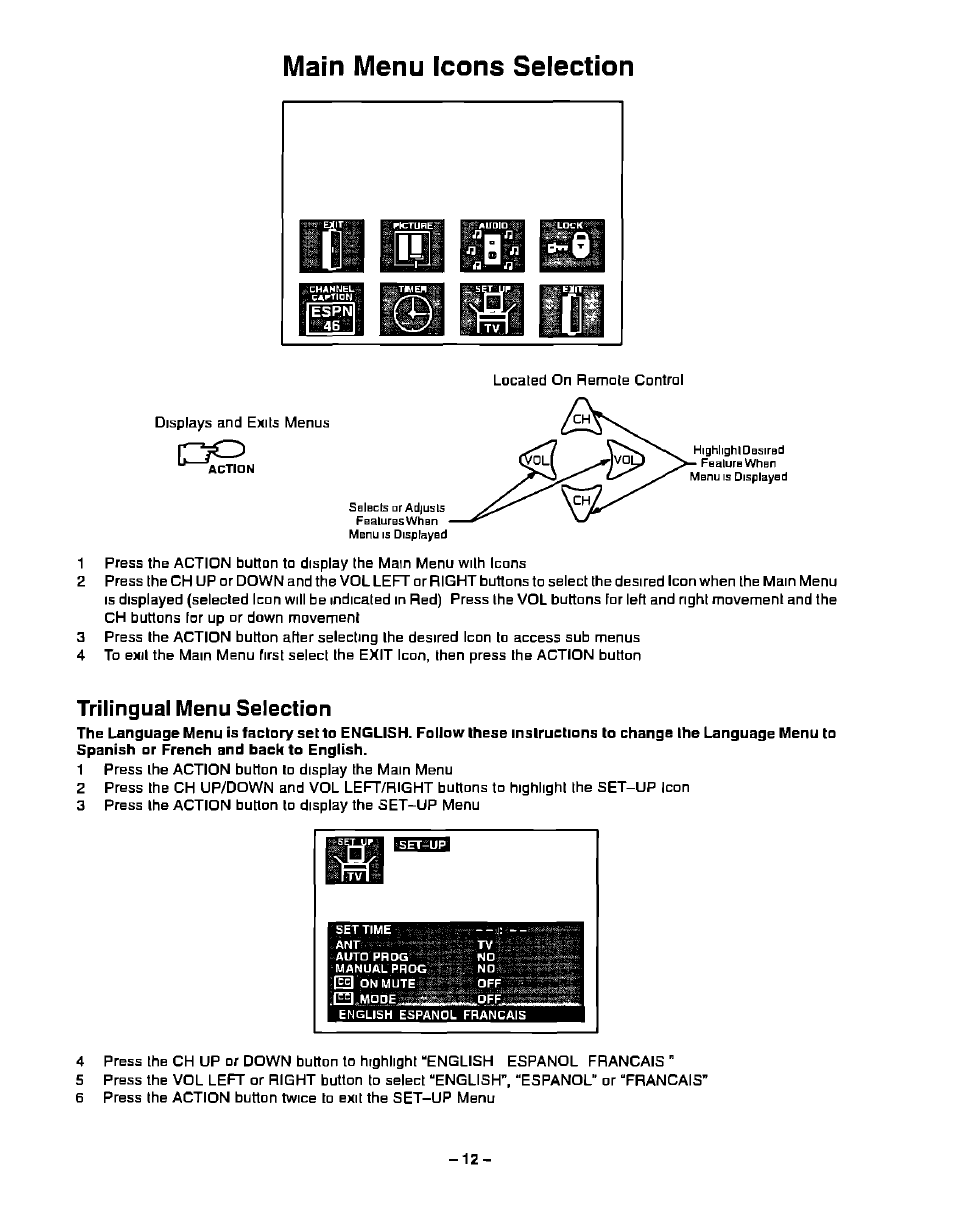 Main menu icons selection | Panasonic CT-20G21 User Manual | Page 12 / 24
