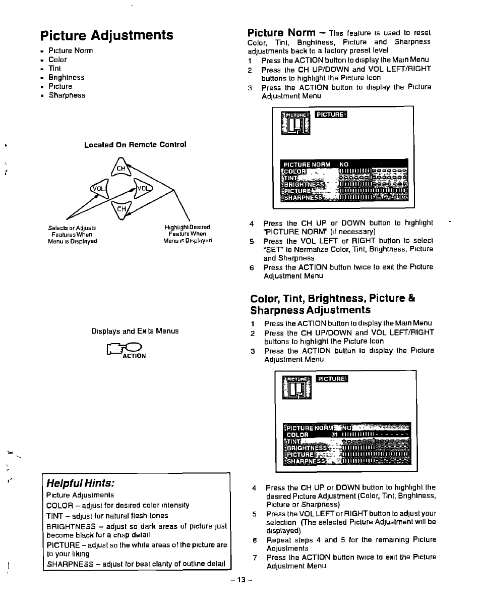 Rrnviil 1111111111111111111, Picture adjustments, Helpful hints | Panasonic CT-20G21 User Manual | Page 13 / 24