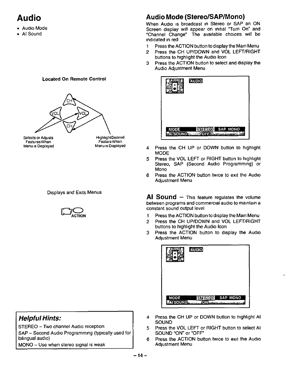 Audio mode (stereo/sap/mono), Audio, Helpfu! hints | Panasonic CT-20G21 User Manual | Page 14 / 24