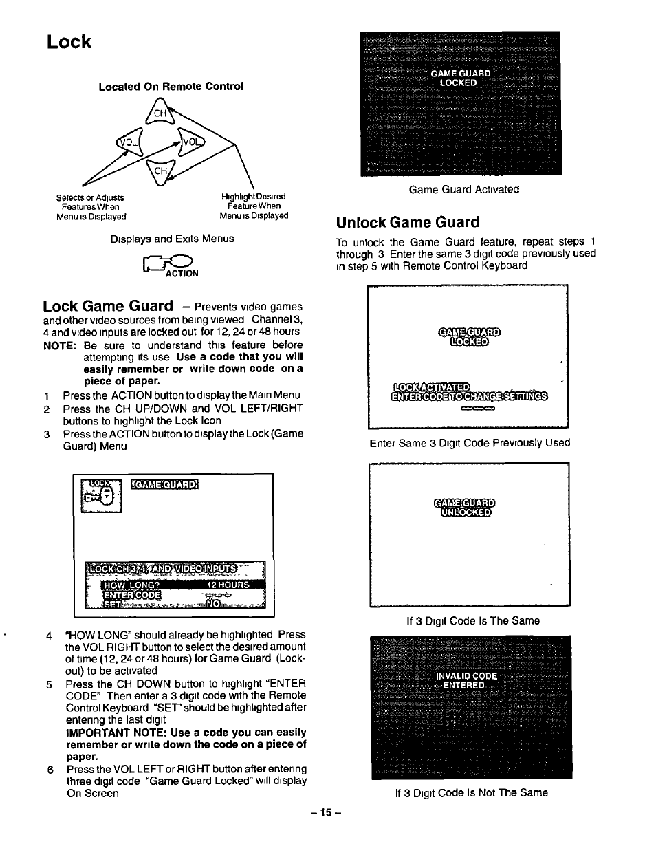 Unlock game guard, Lock | Panasonic CT-20G21 User Manual | Page 15 / 24