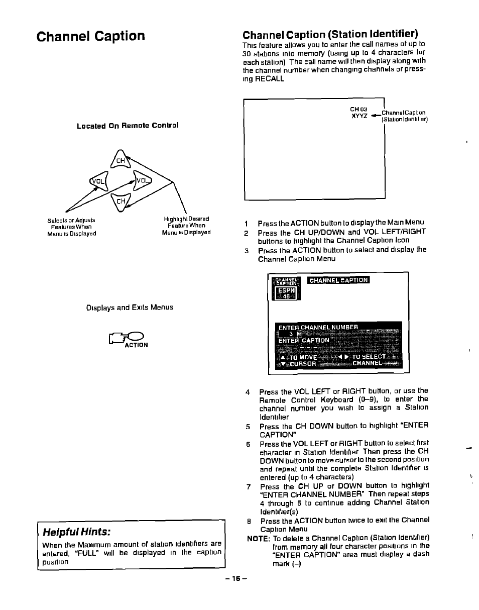 Channel caption, Helpful hints | Panasonic CT-20G21 User Manual | Page 16 / 24