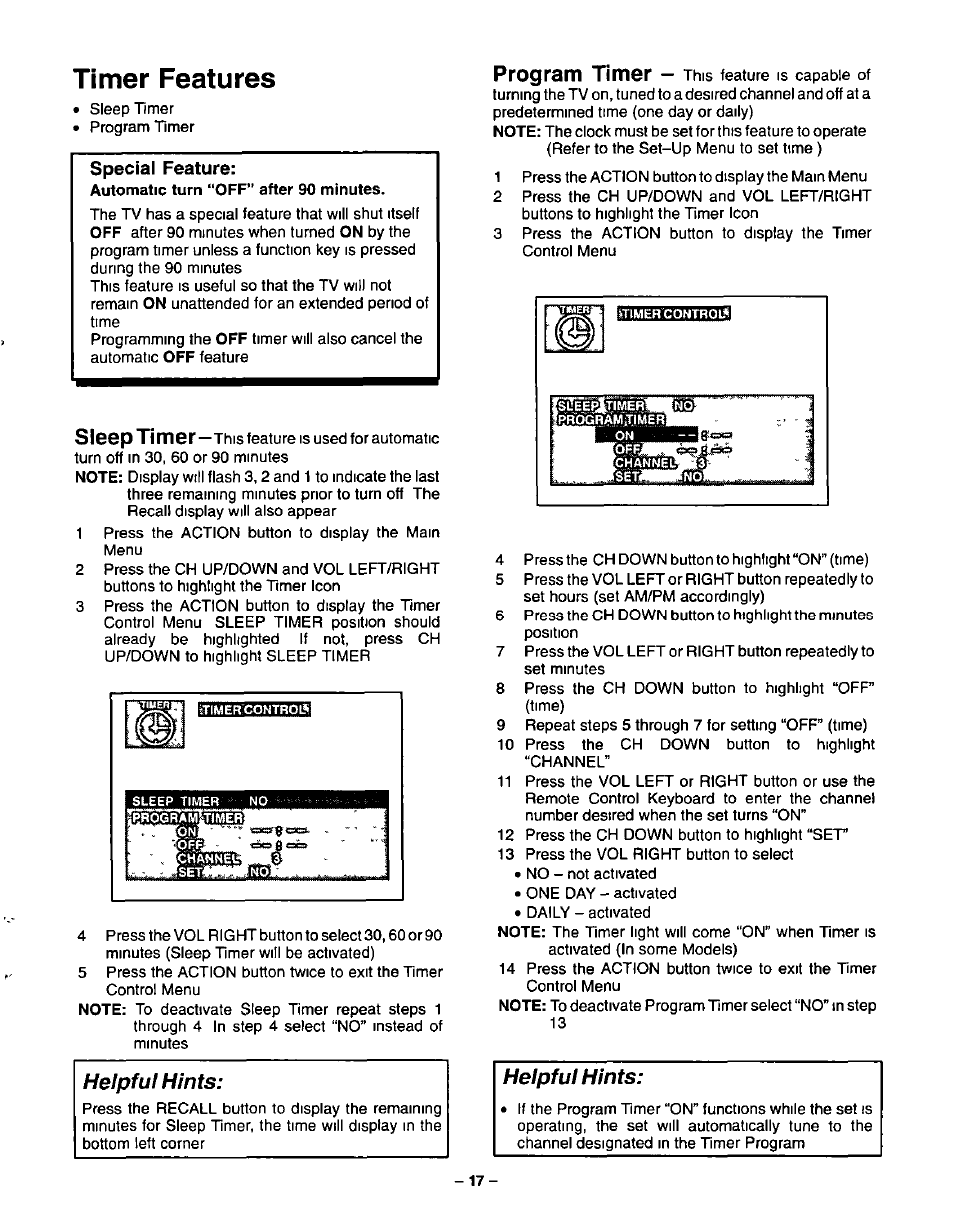 Timer features, Helpful hints | Panasonic CT-20G21 User Manual | Page 17 / 24