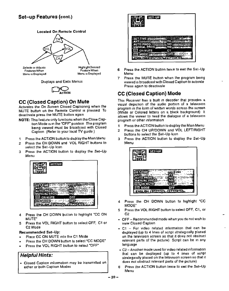 Мамиаш^яас: [ёш омглите, Set-up features (cont.), Helpful hints | Cc (closed caption) on mute, Cc (closed caption) mode | Panasonic CT-20G21 User Manual | Page 20 / 24