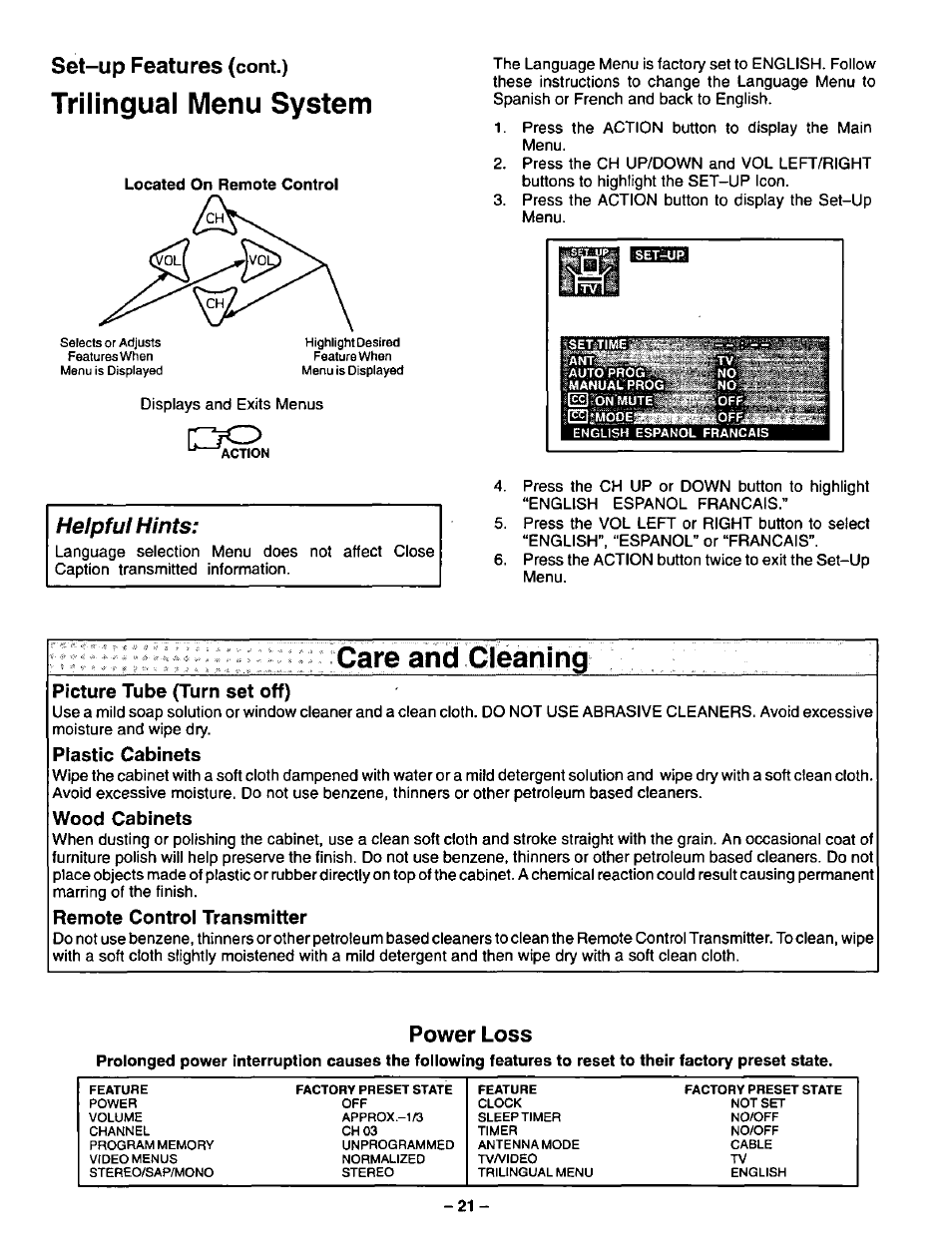 Set-up features (cont.), Picture tube (turn set off), Plastic cabinets | Wood cabinets, Remote control transmitter, Trilingual menu system, Care and cleaning, Helpful hints | Panasonic CT-20G21 User Manual | Page 21 / 24