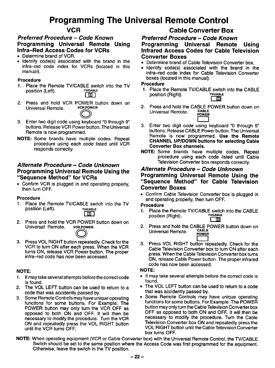 Vcr cable converter box, Programming the universal remote control, Preferred procedure - code known | Alternate procedure, Code unknown | Panasonic CT-20G21 User Manual | Page 22 / 24