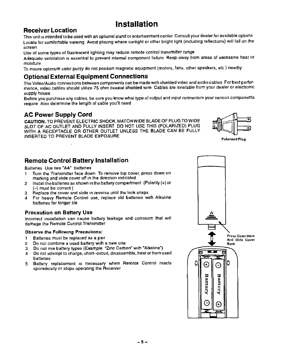 Precaution on battery use, Installation | Panasonic CT-20G21 User Manual | Page 5 / 24