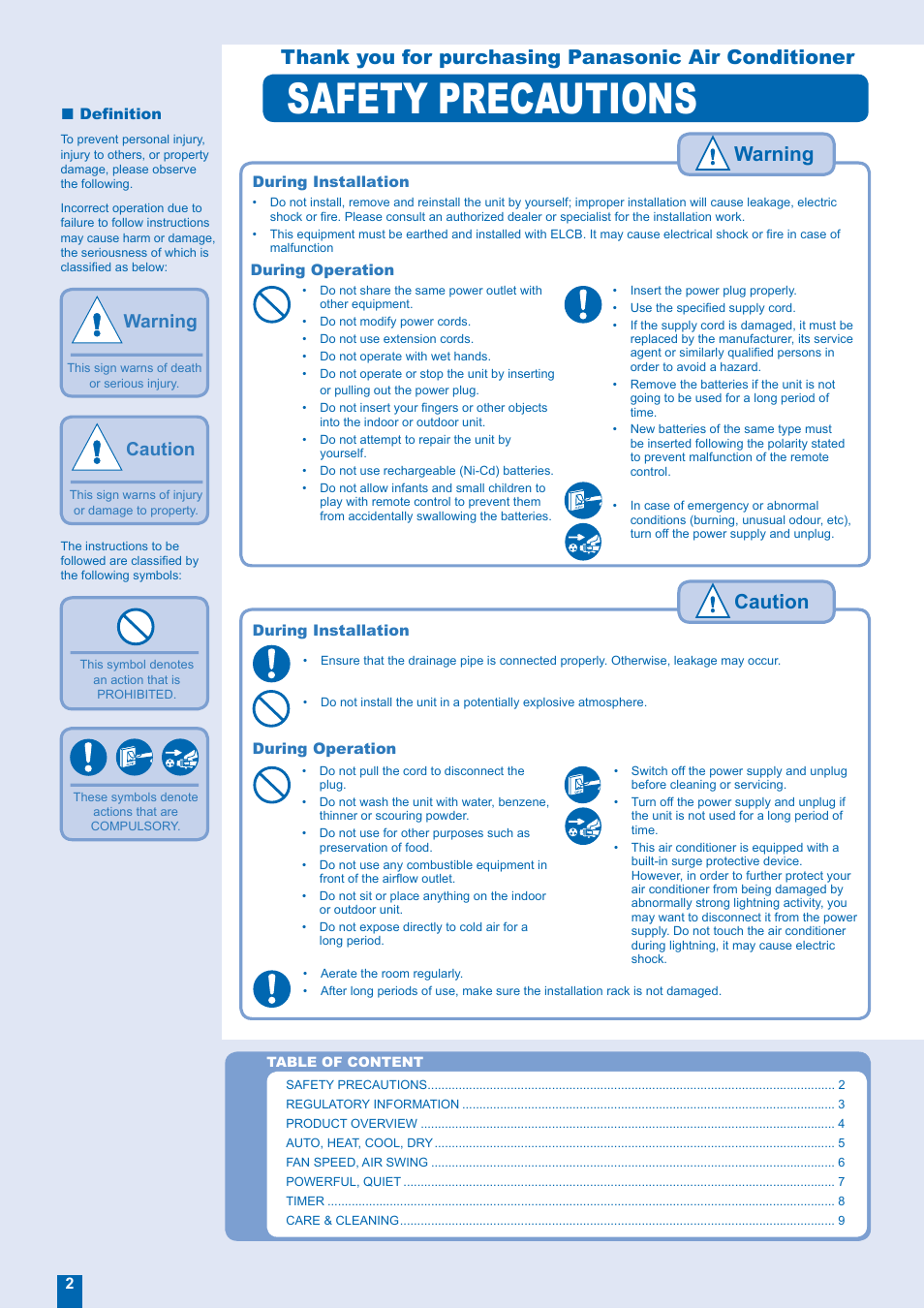 Safety precautions, Warning, Caution | Panasonic CU-W12EKR User Manual | Page 2 / 12