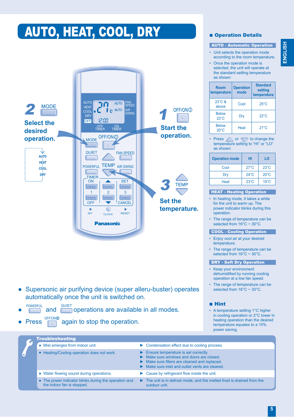 Auto, heat, cool, dry, Select the desired operation, Start the operation | Set the temperature, Operations are available in all modes. ● press, Again to stop the operation | Panasonic CU-W12EKR User Manual | Page 5 / 12