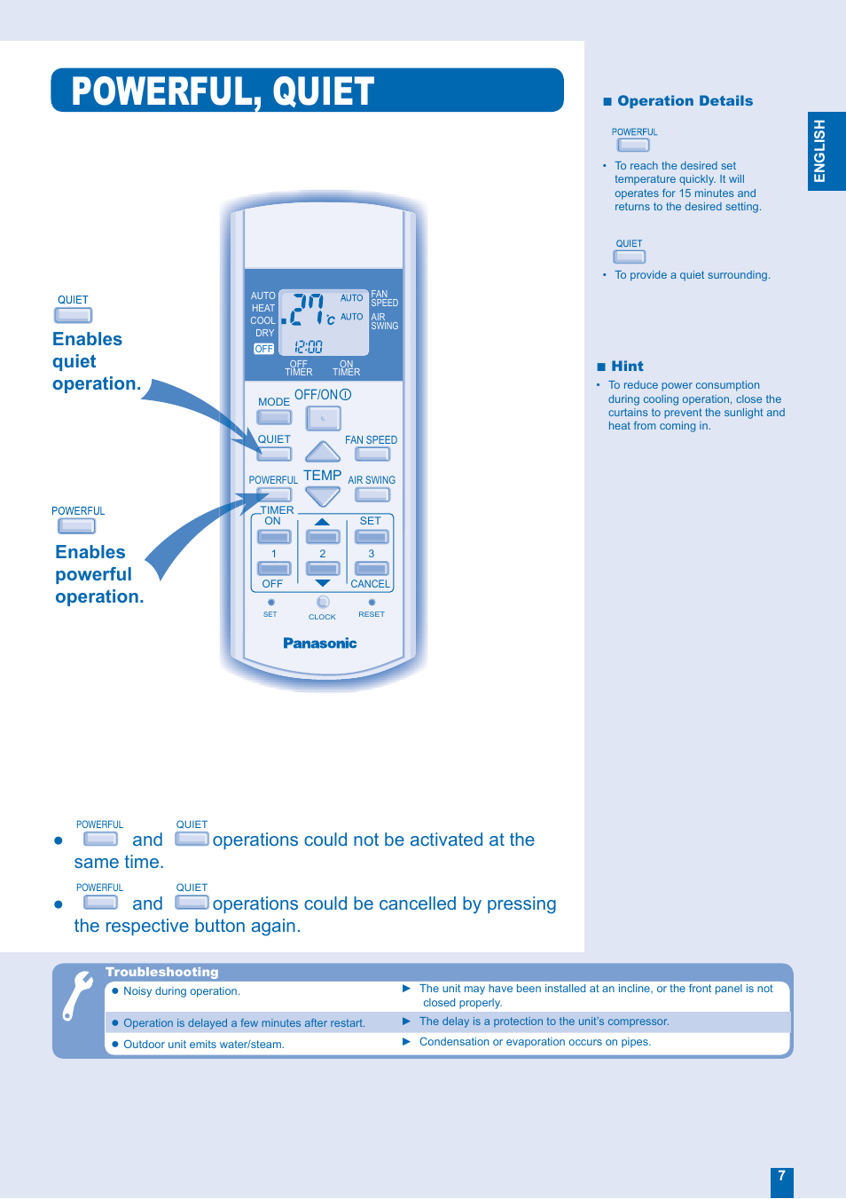 Powerful, quiet, Operations could not be activated at the same time | Panasonic CU-W12EKR User Manual | Page 7 / 12